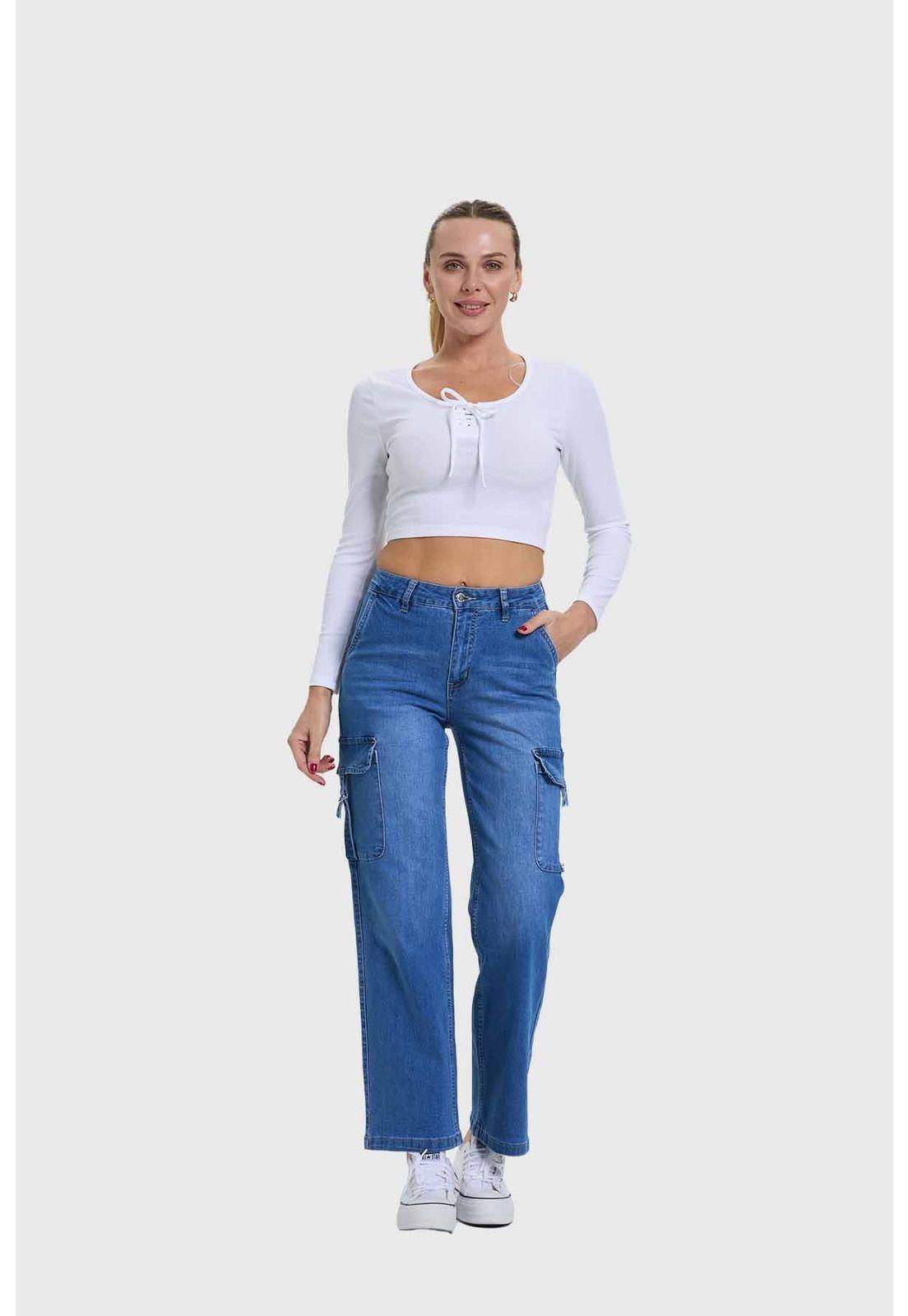 Jeans Mujer Recto Cargo Azul - lll-3