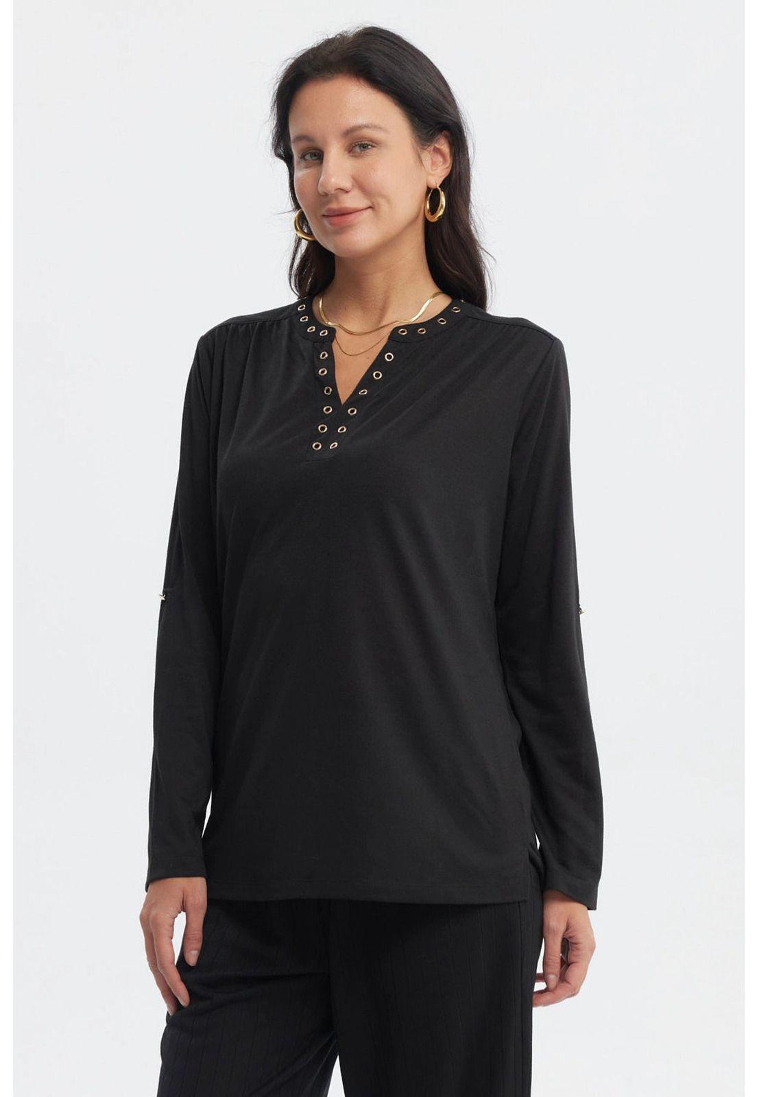 Polera Mujer Cuello Abotonado Negro - ll-1