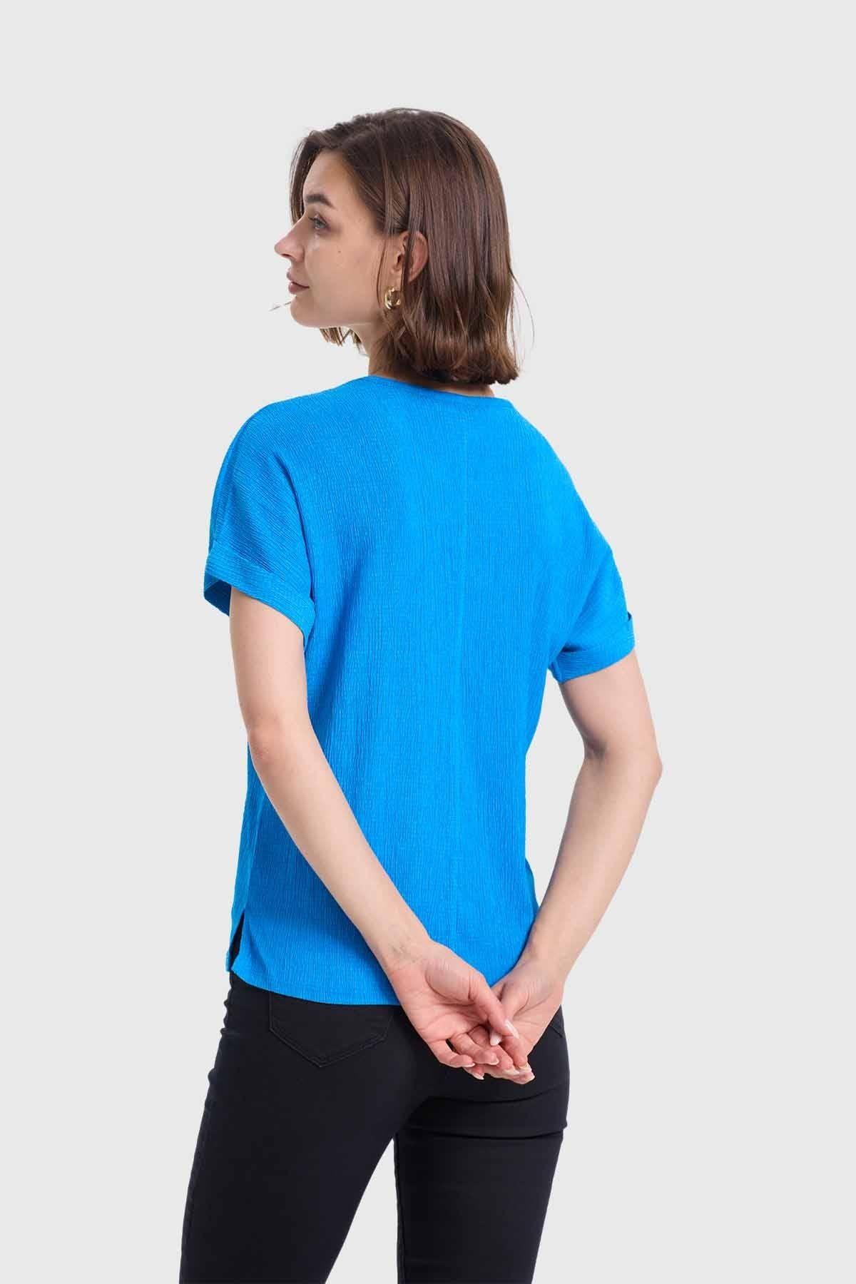 Polera Mujer Dobladillo En Manga Azul-2