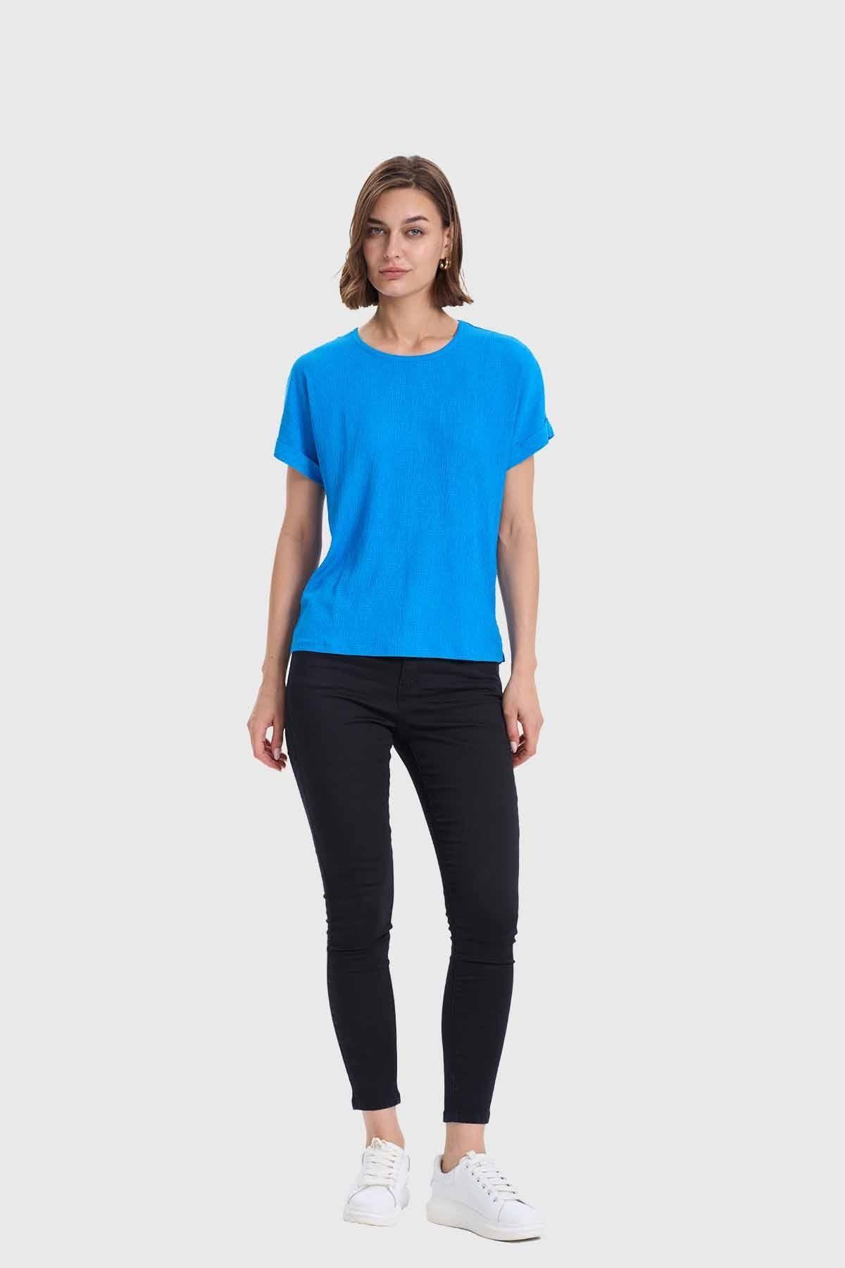 Polera Mujer Dobladillo En Manga Azul-3