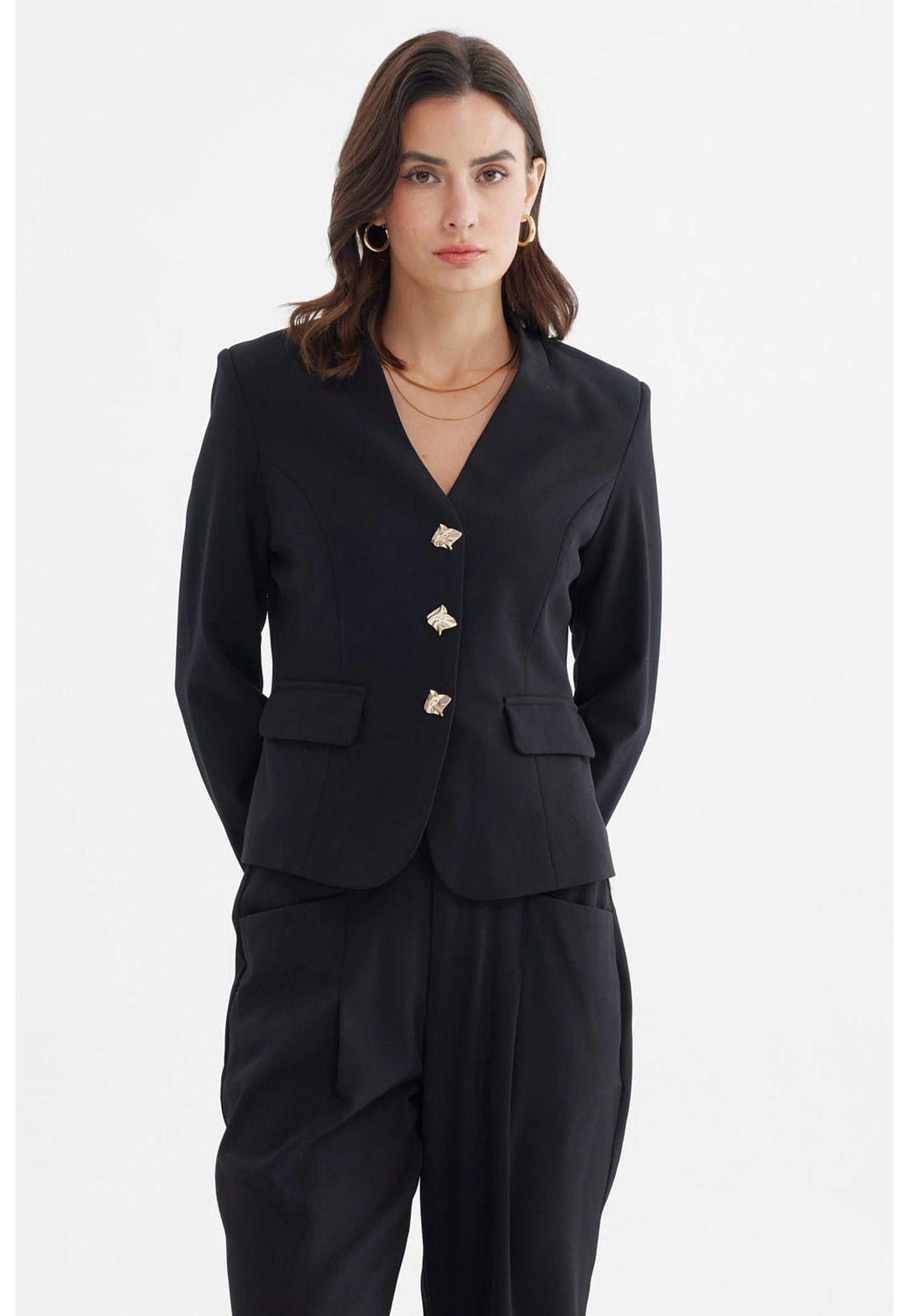 Blazer Mujer Abotonado Con Bolsillo Negro-0