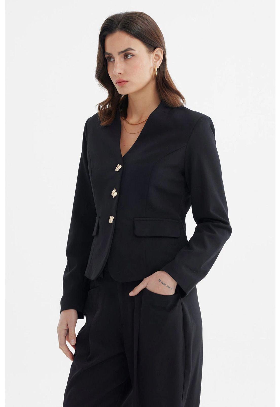 Blazer Mujer Abotonado Con Bolsillo Negro-1