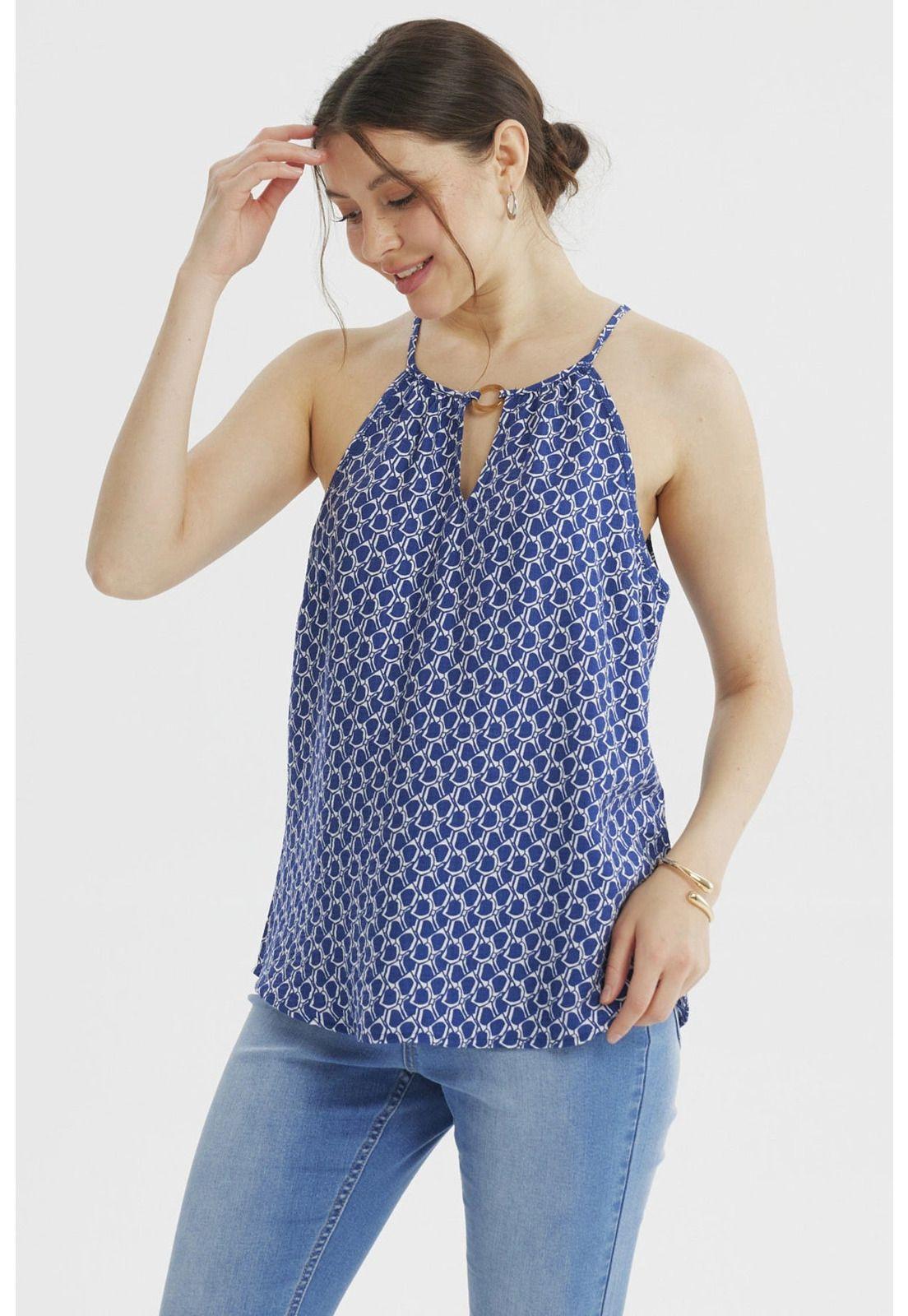 Blusa Mujer Halter Estampada Azul Claro-0