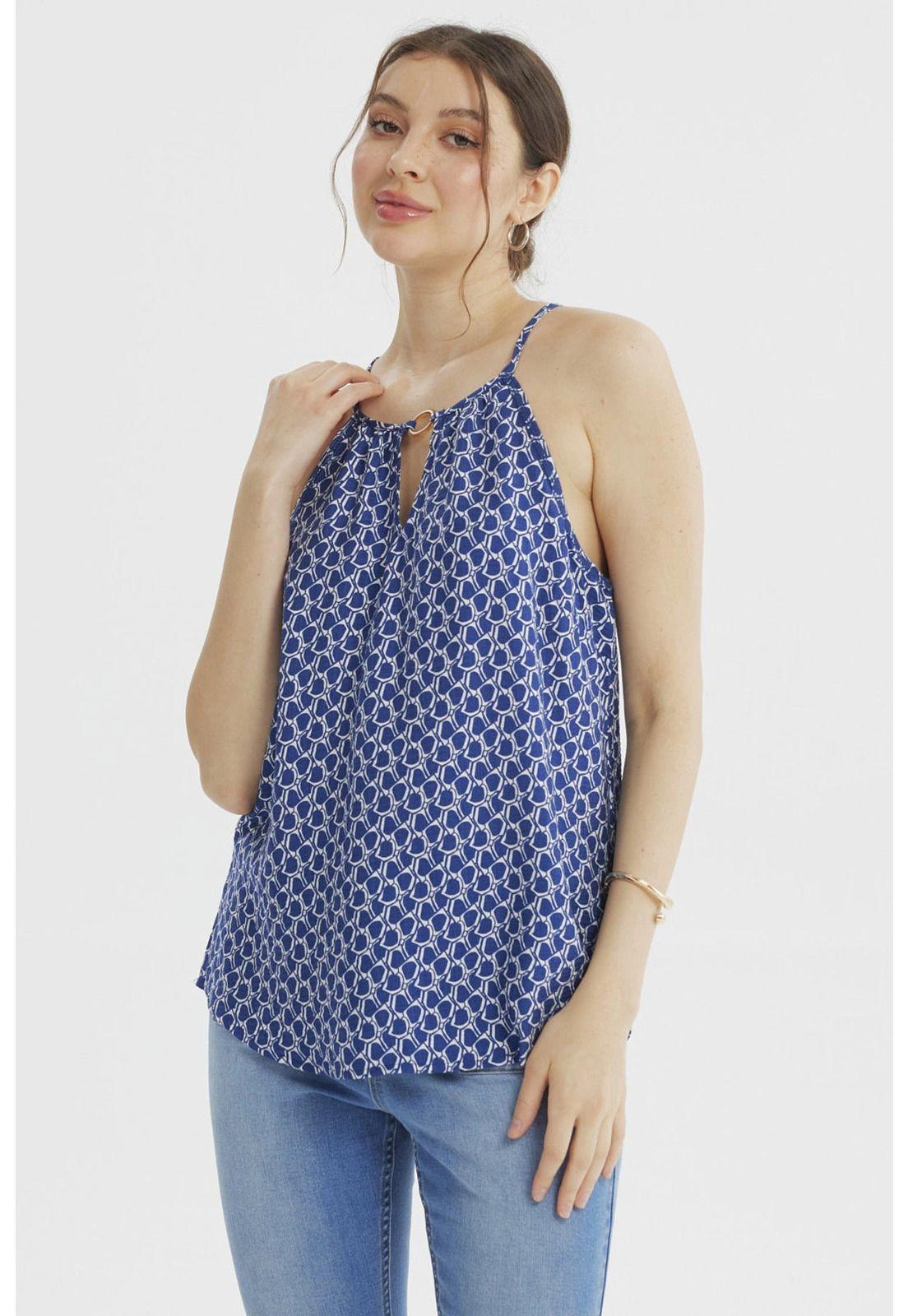 Blusa Mujer Halter Estampada Azul Claro-1