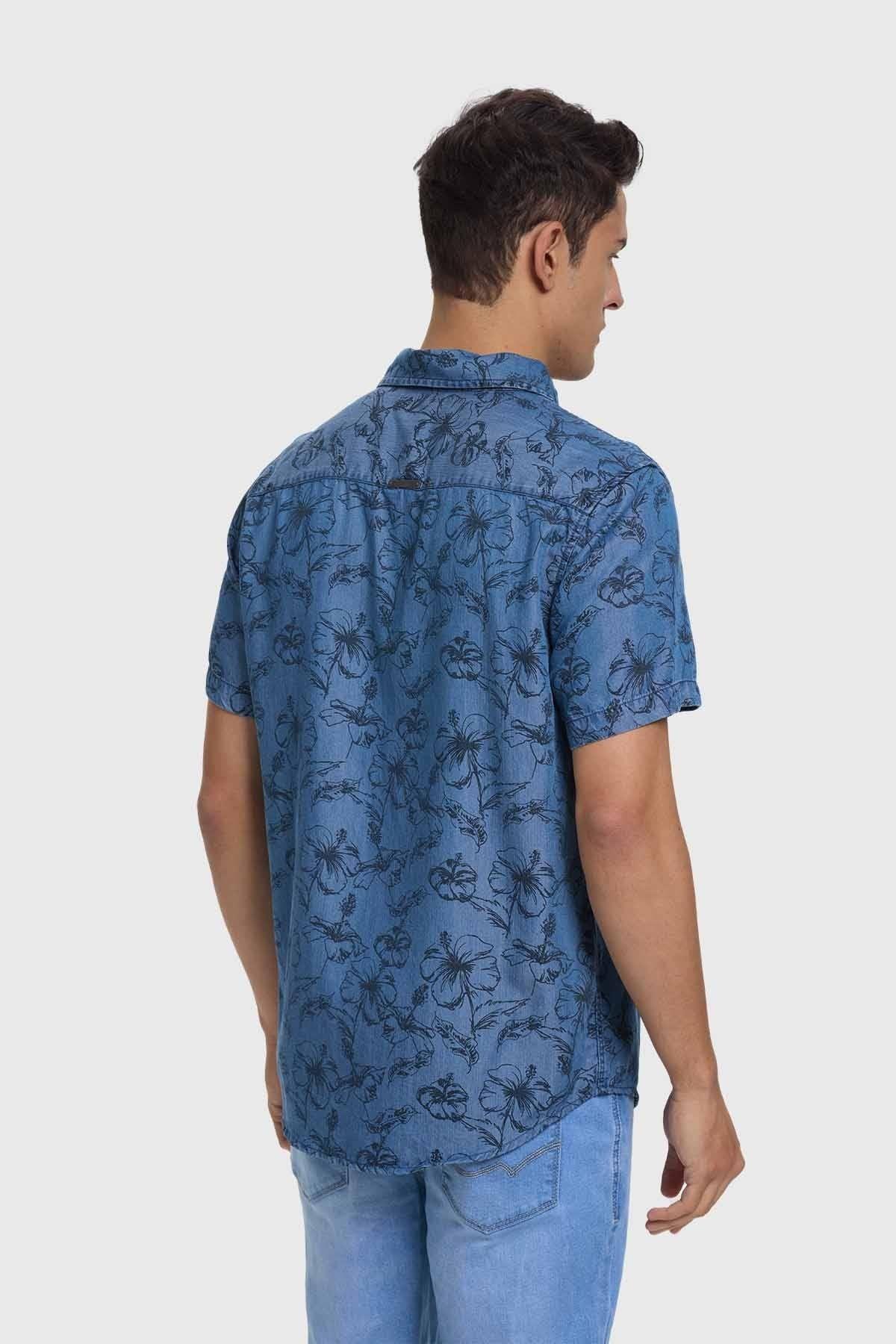 Camisa Hombre Denim Slim Floreada Azul-2