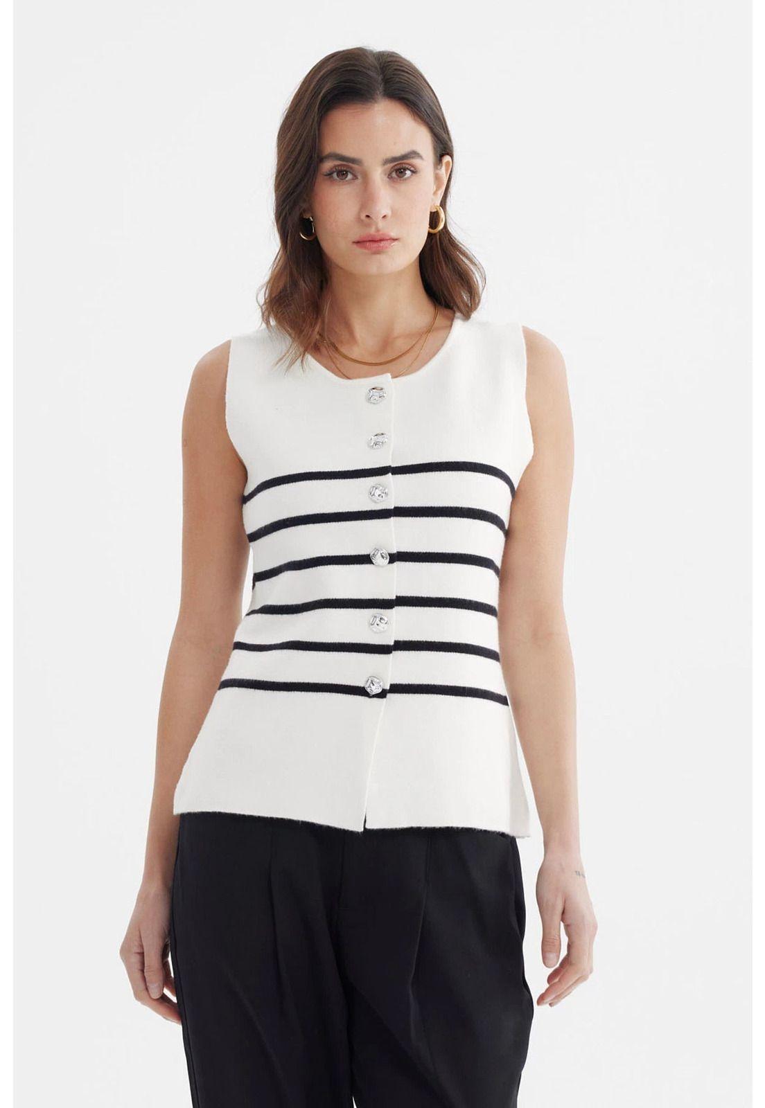 Sweater Mujer Rayado Aplicación Crudo-0