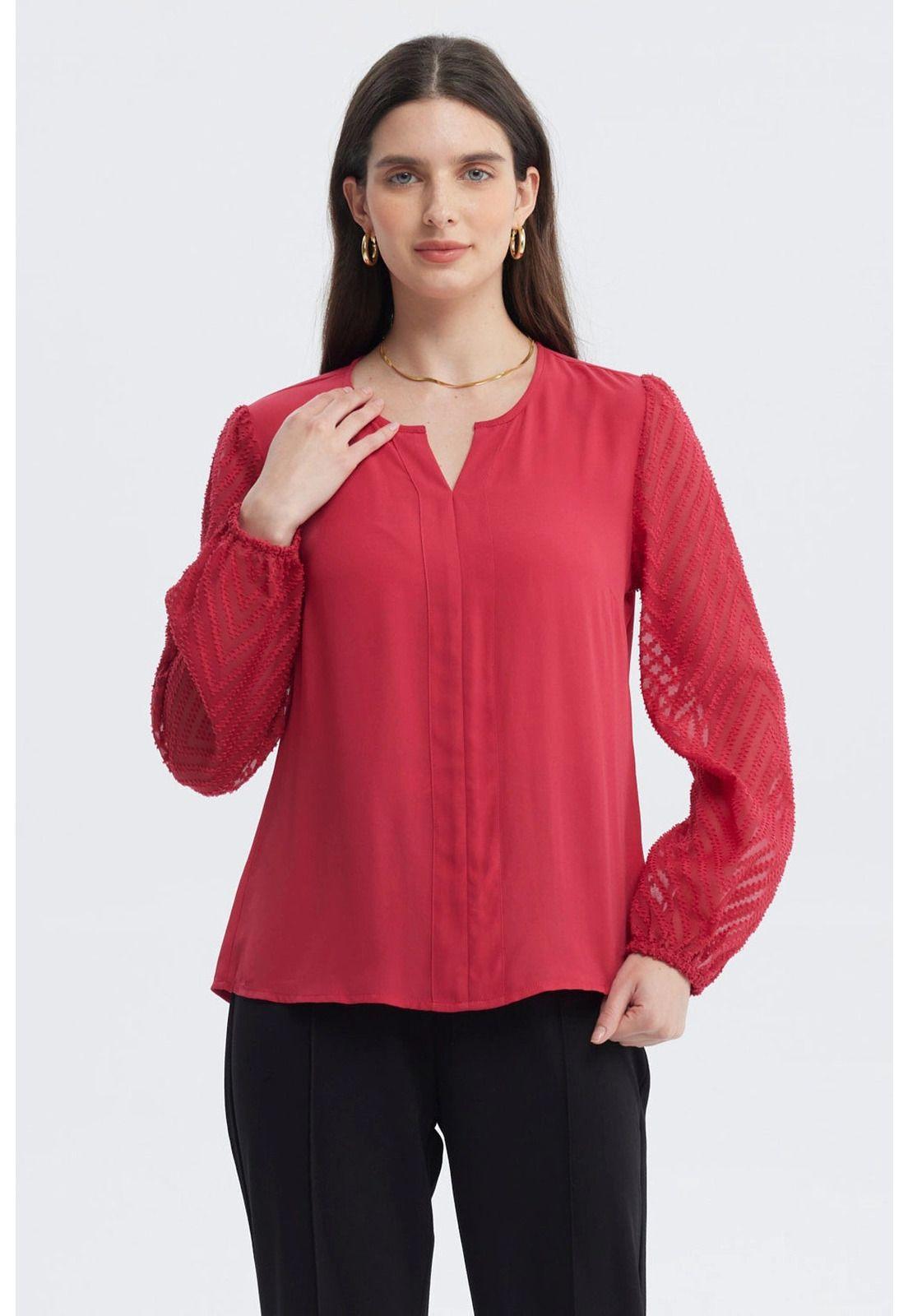 Blusa Mujer Cuello Y Puño En Contraste Rojo-0