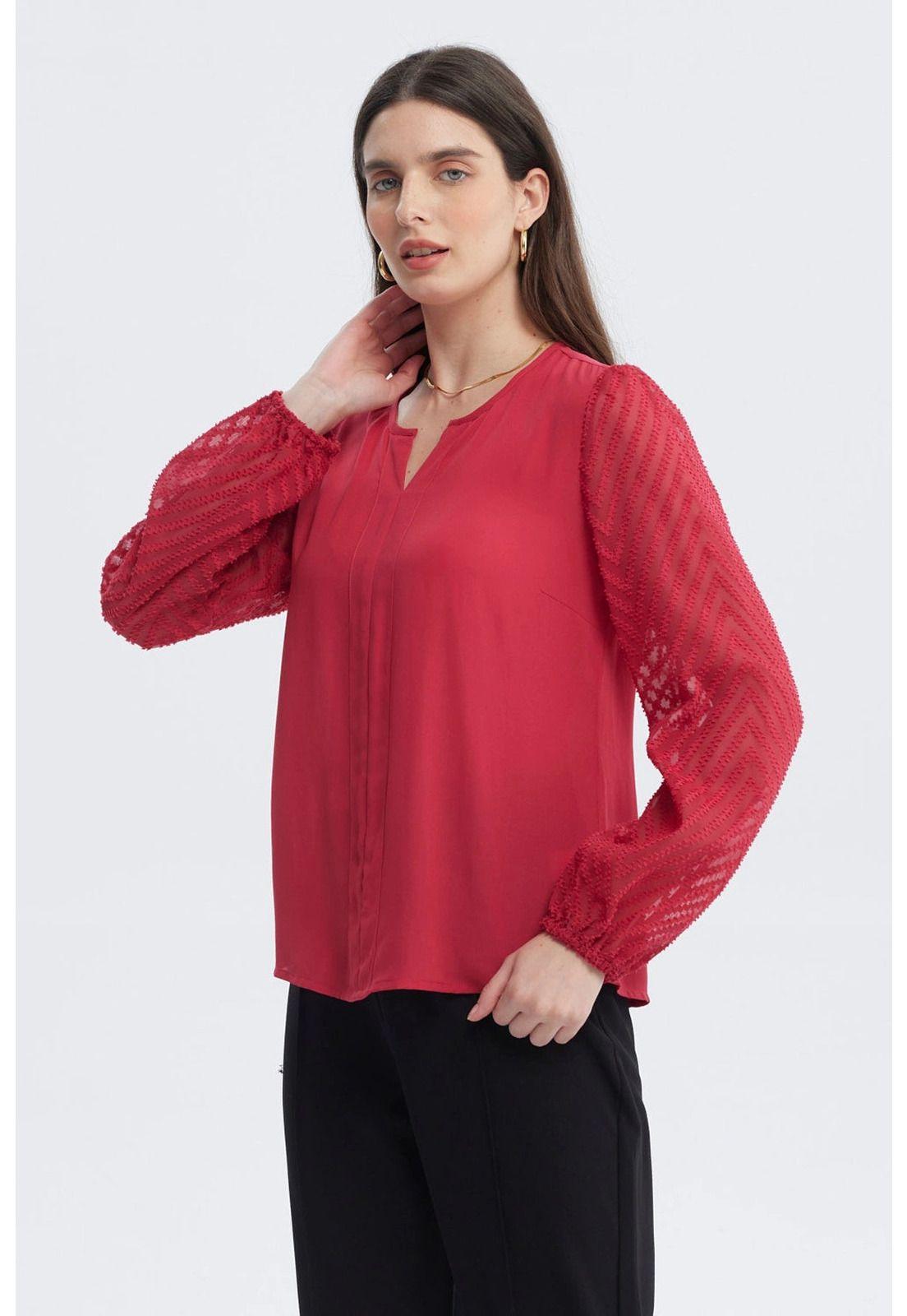 Blusa Mujer Cuello Y Puño En Contraste Rojo-1