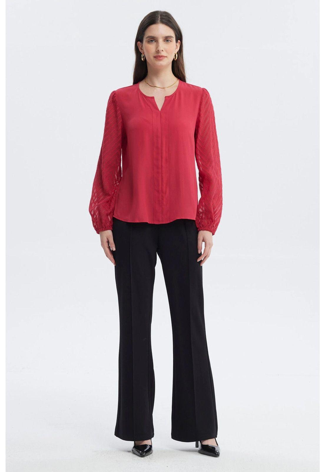 Blusa Mujer Cuello Y Puño En Contraste Rojo-3