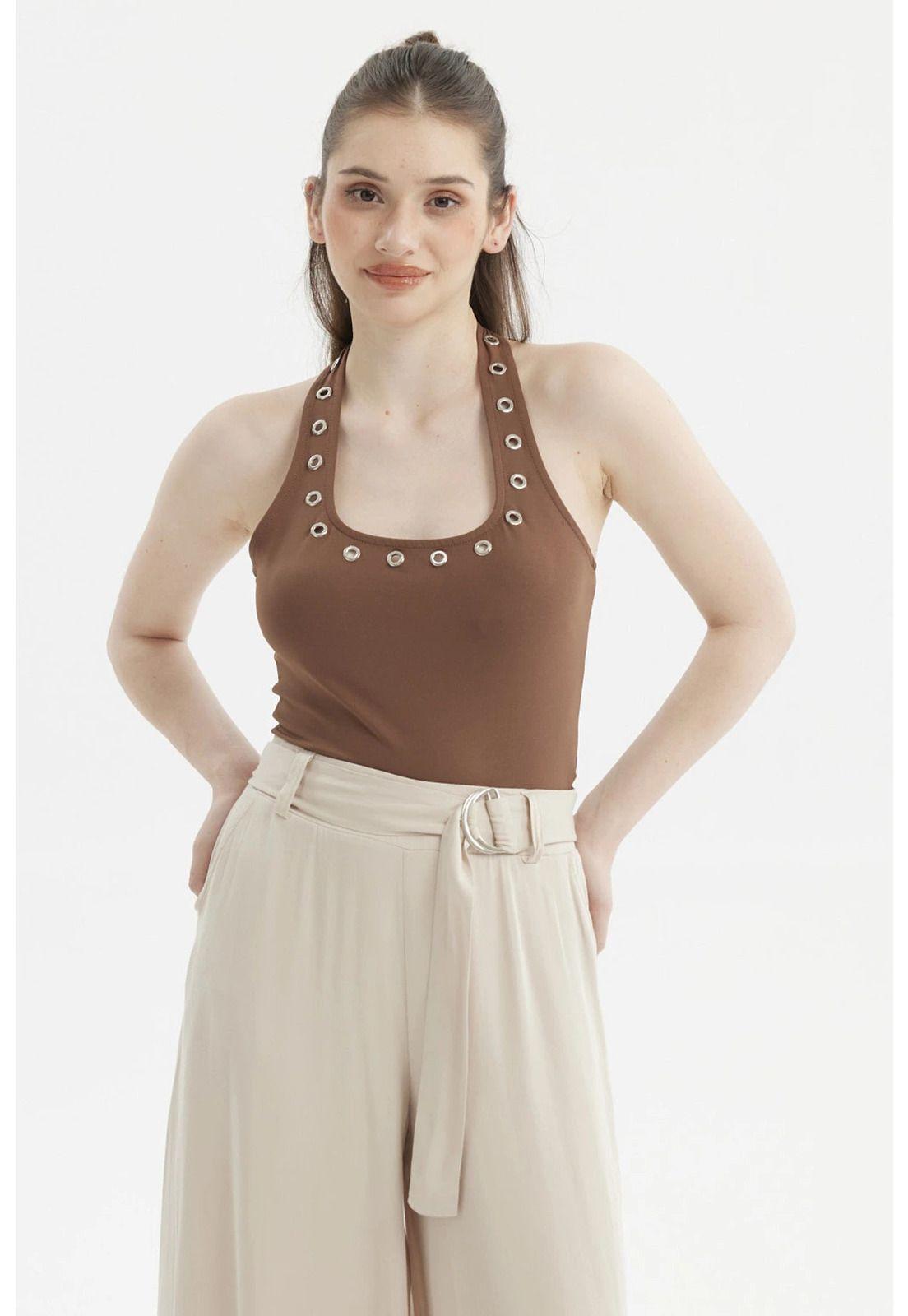 Polera Mujer Cuello Halter Café Oscuro-0