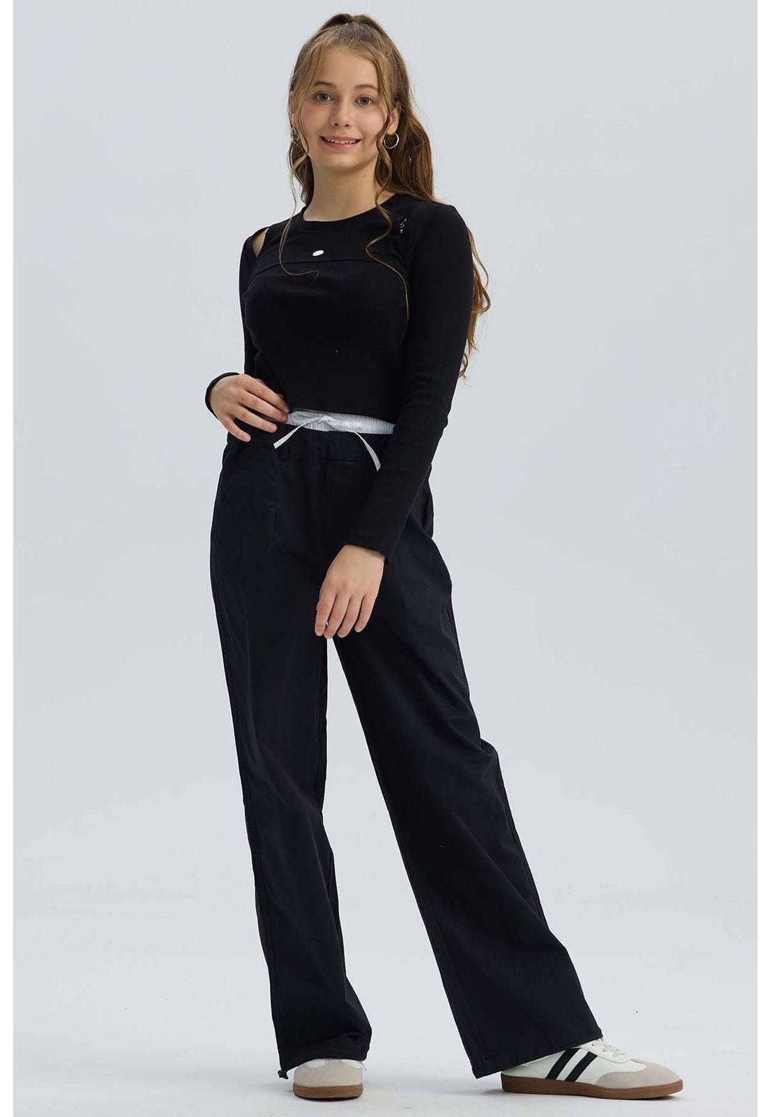 Pantalón Niña Parachute Con Pretina Falsa Negro-3