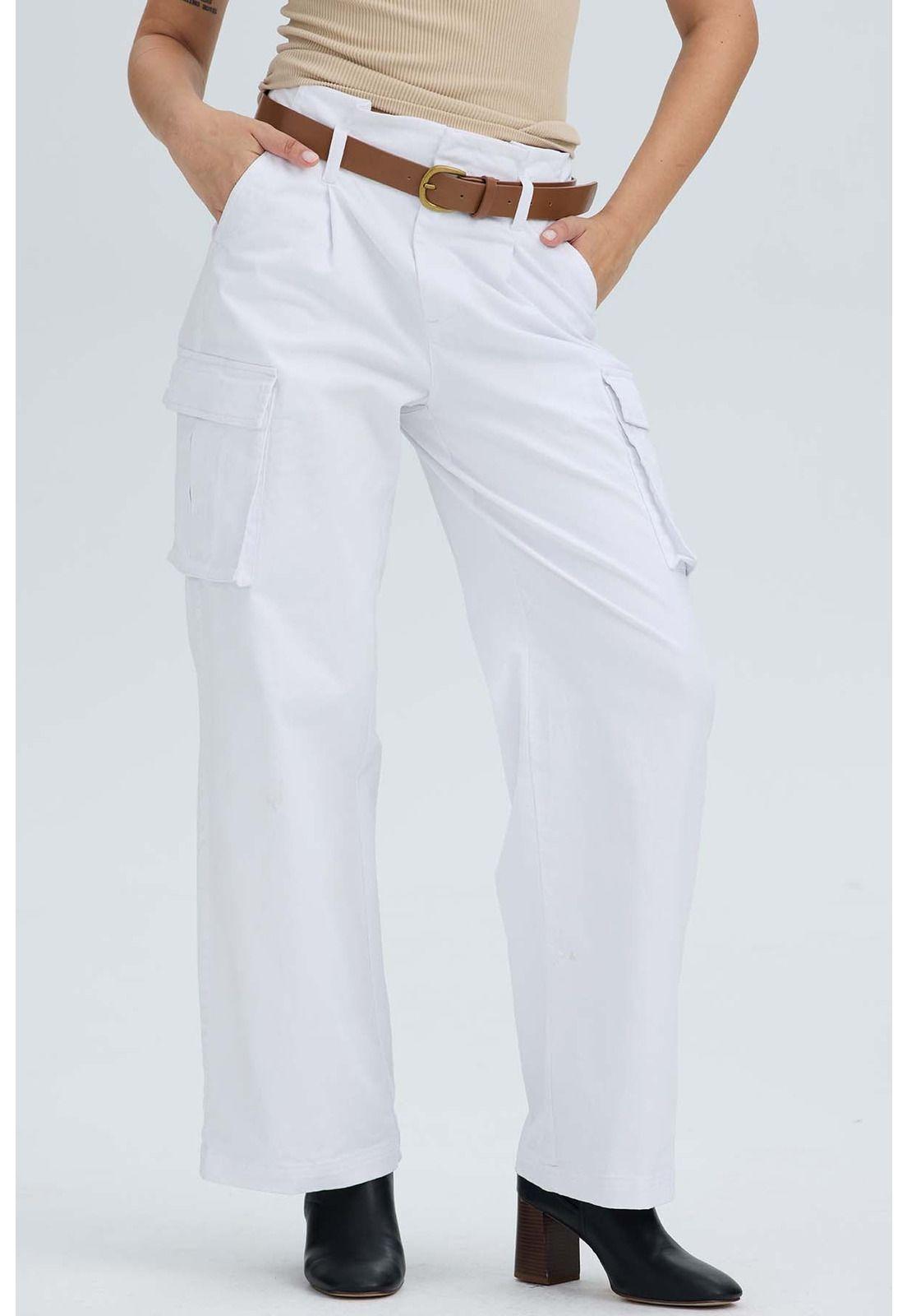 Pantalón Mujer Pretina Alta Con Cinturón Blanco-0