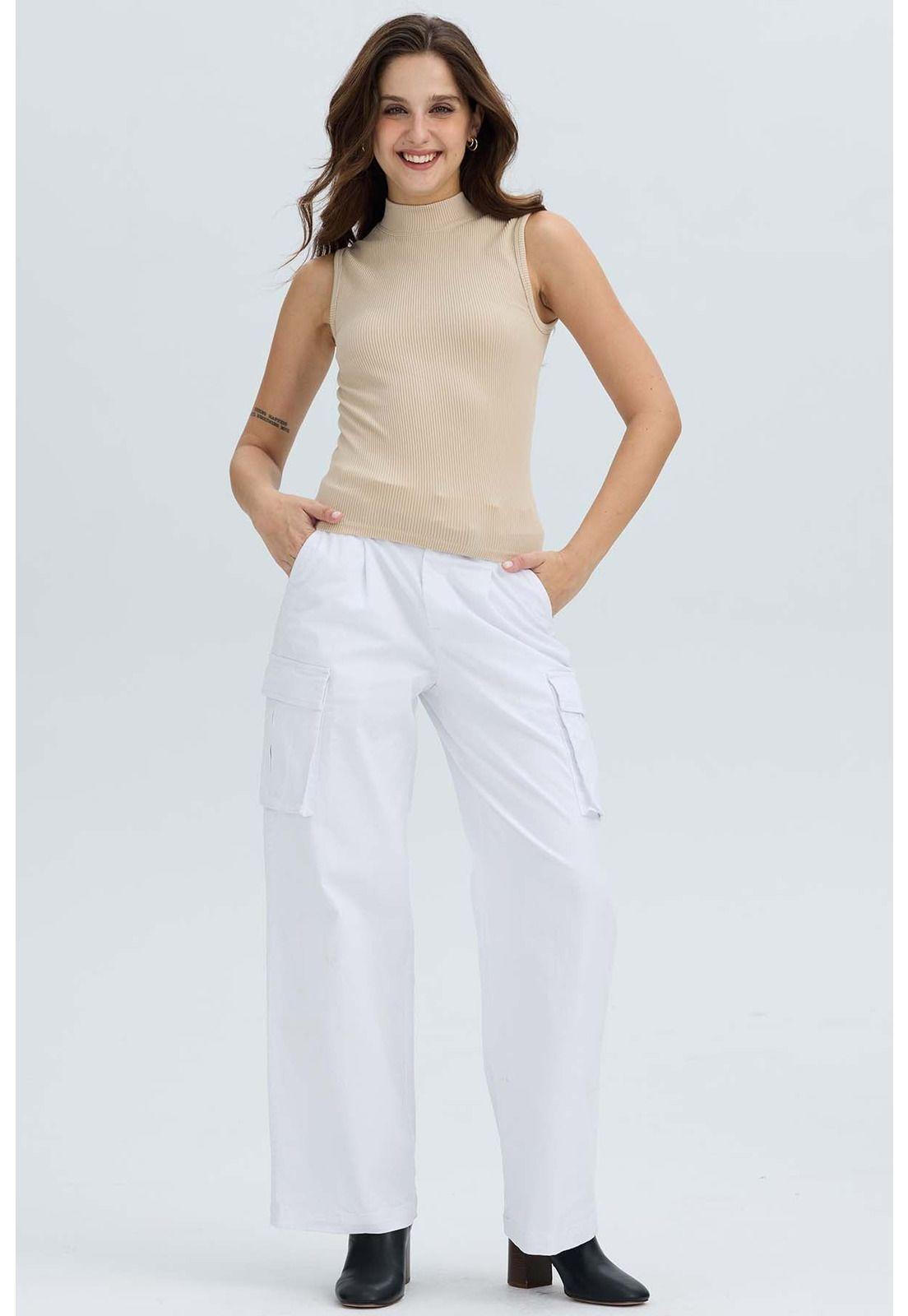 Pantalón Mujer Pretina Alta Con Cinturón Blanco-3