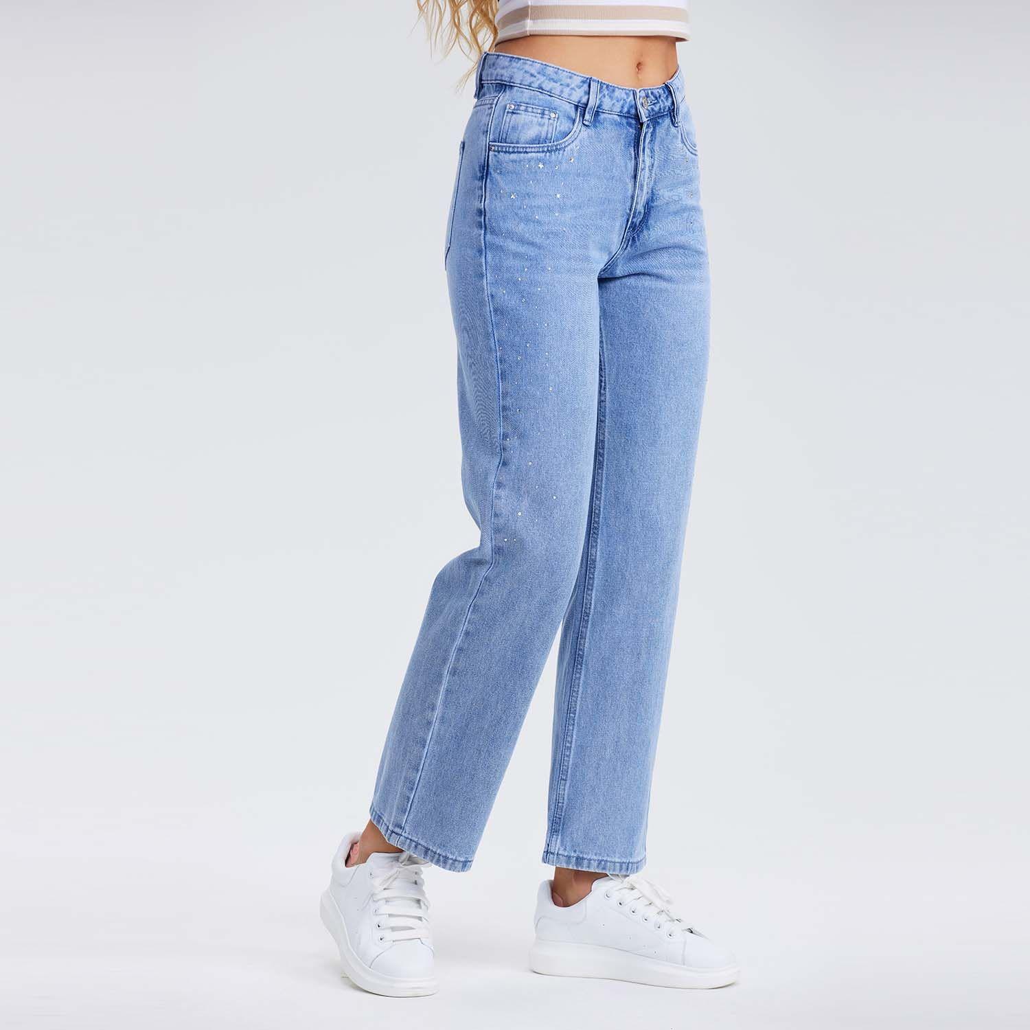 Jeans Mujer Recto Strass Azul Claro-1