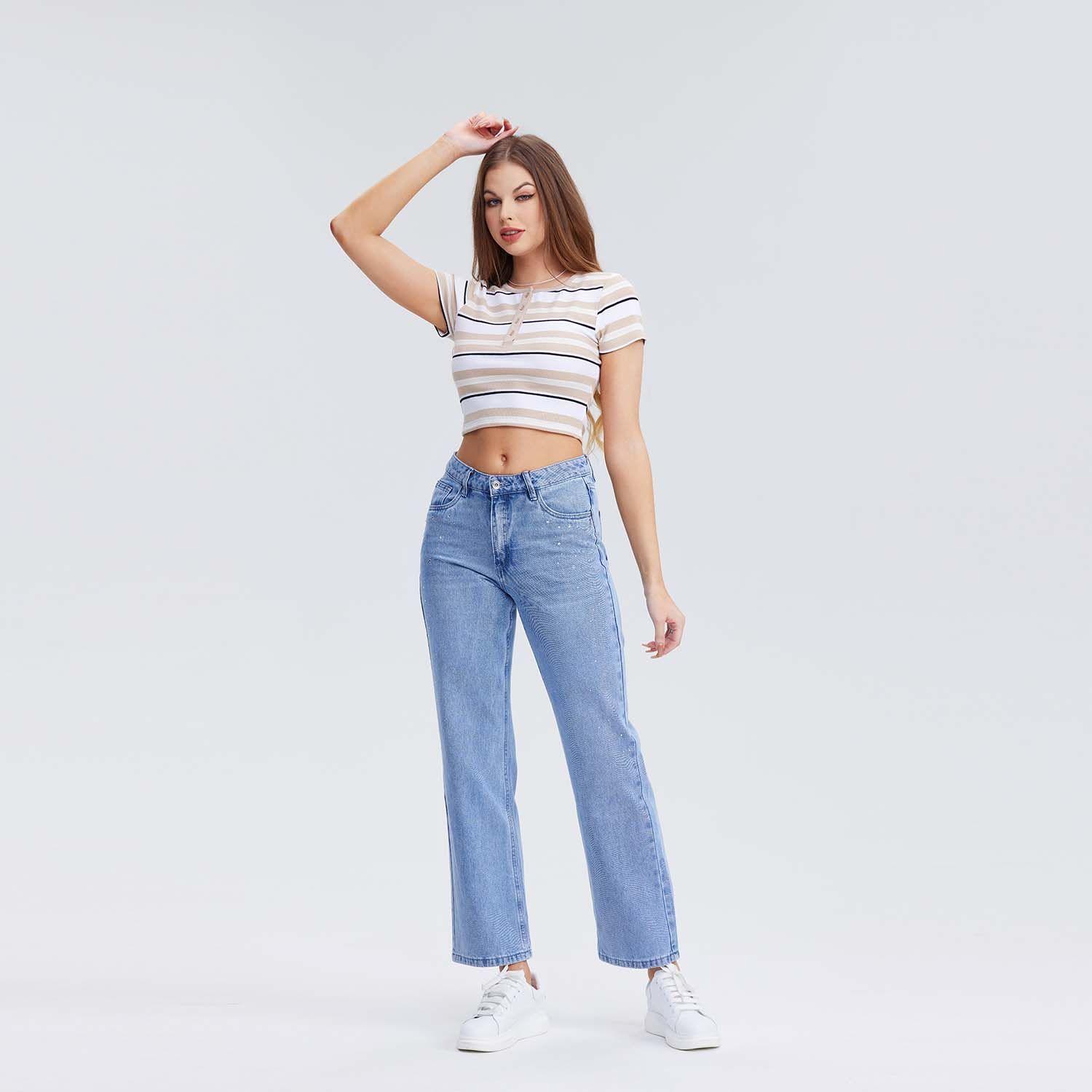 Jeans Mujer Recto Strass Azul Claro-3