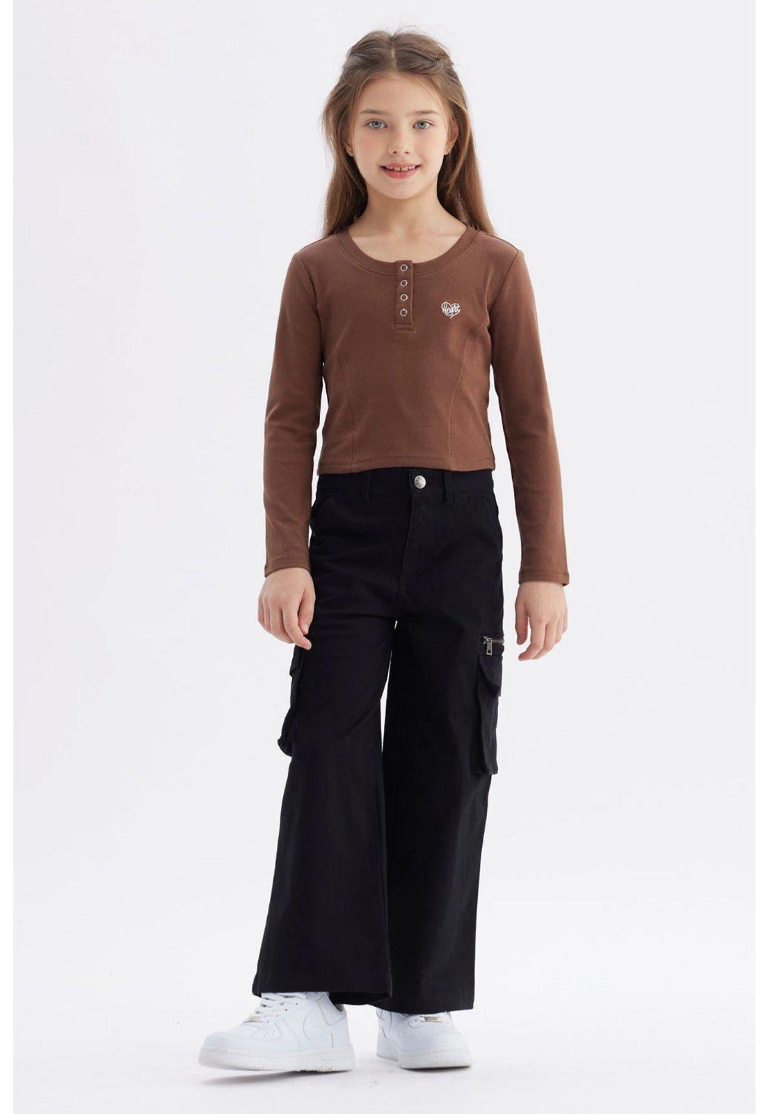 Polera Niña Con Botones Café-3