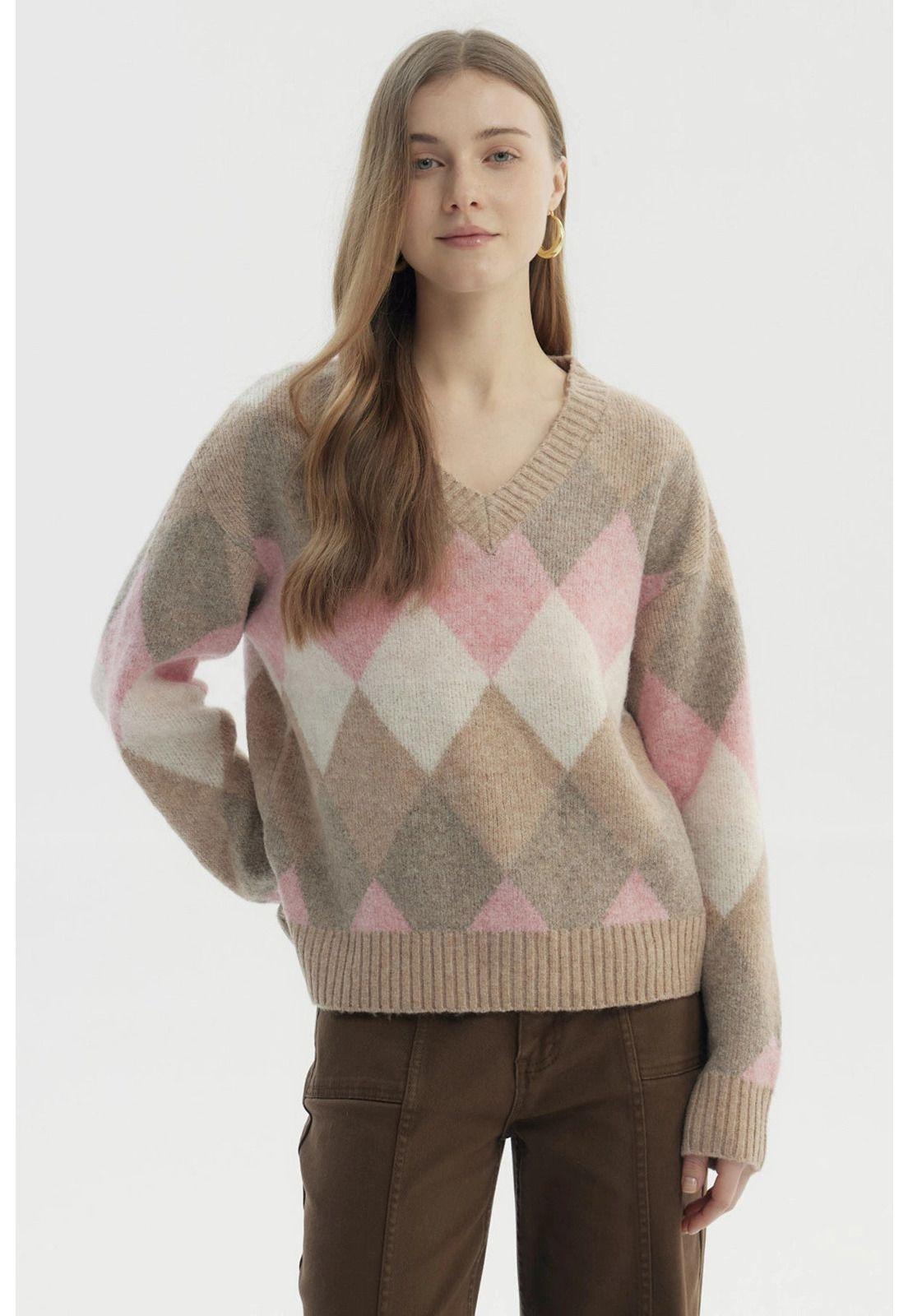 Sweater Mujer Slim Cuello V Beige-0