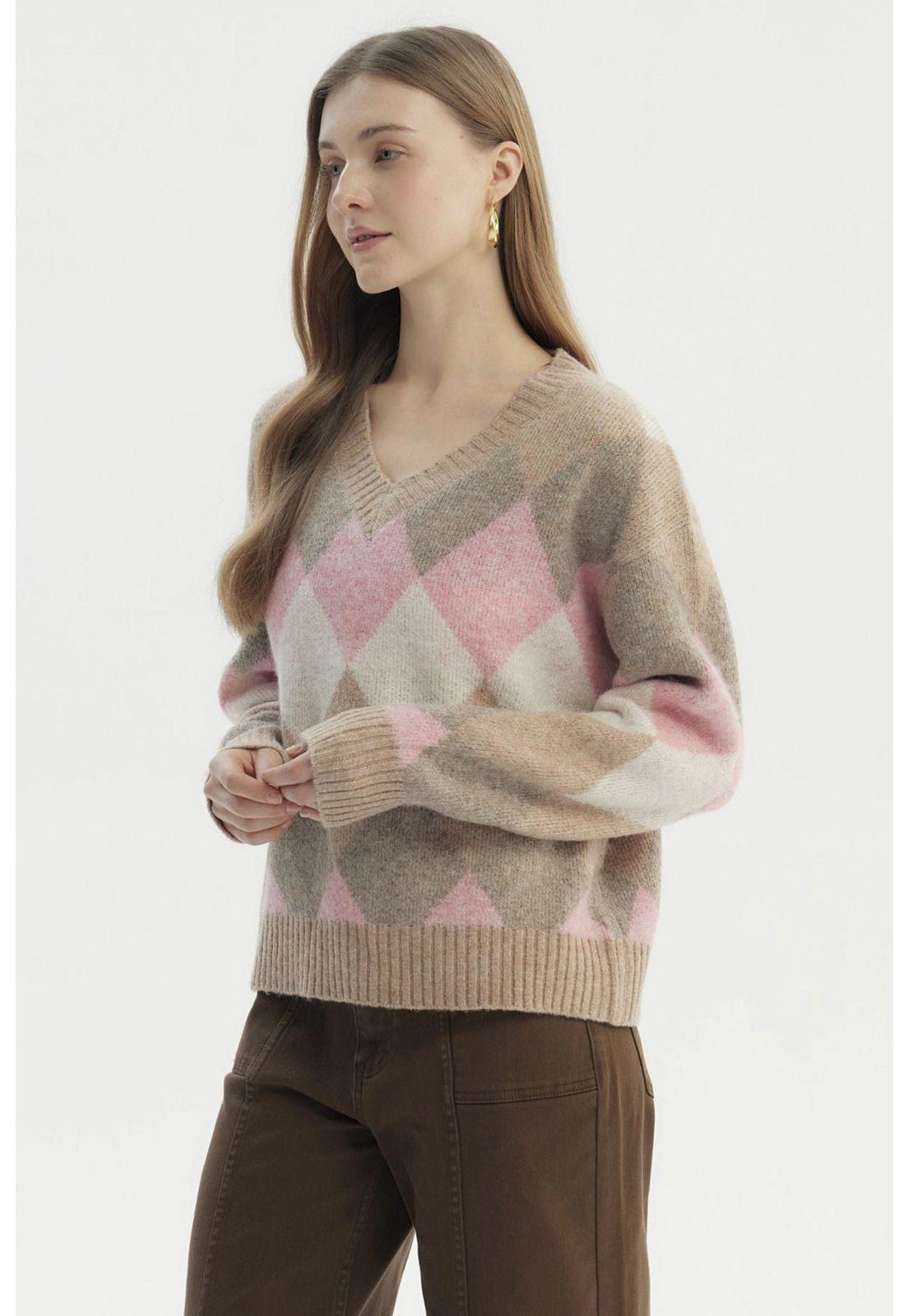 Sweater Mujer Slim Cuello V Beige-1
