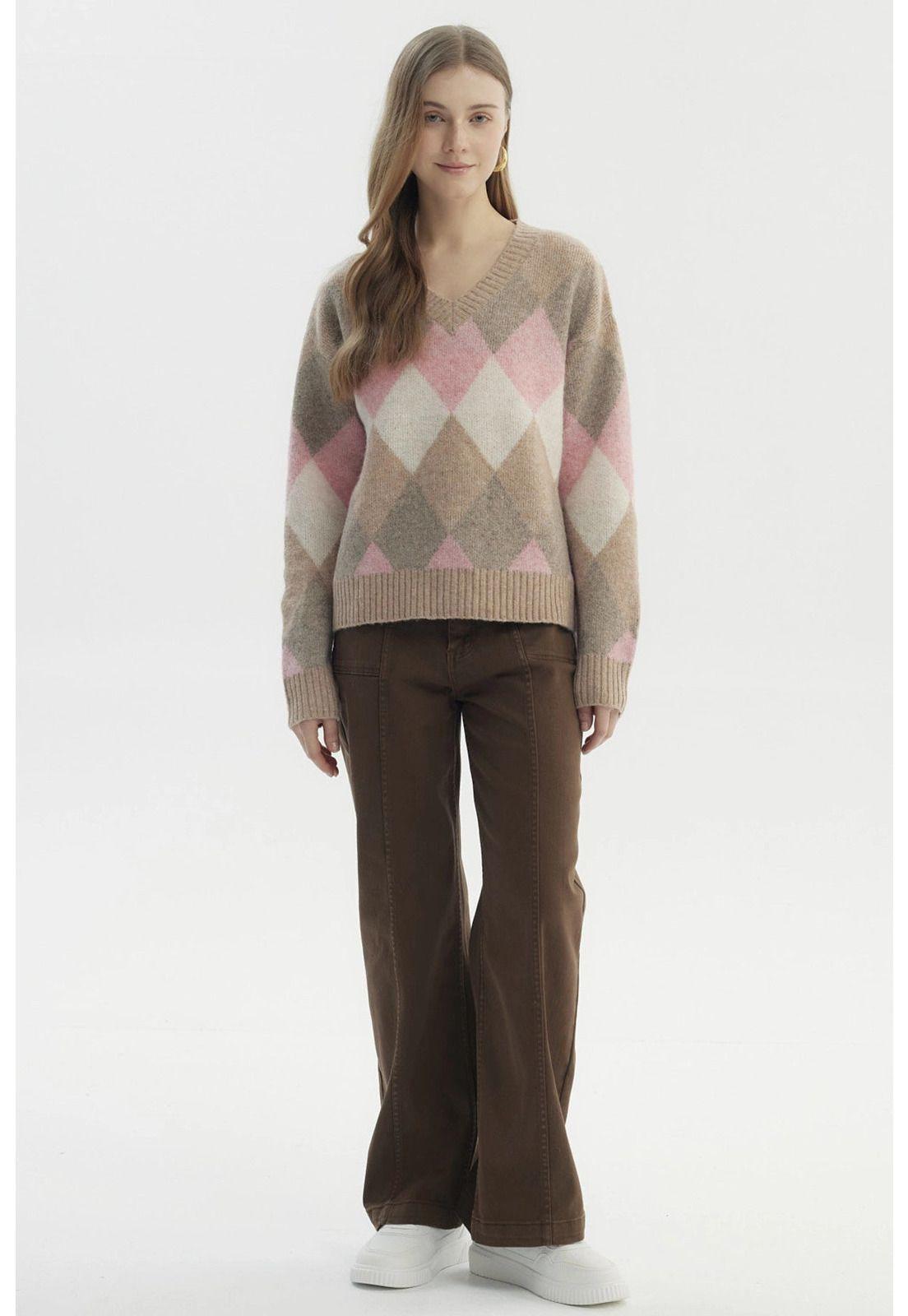 Sweater Mujer Slim Cuello V Beige-3