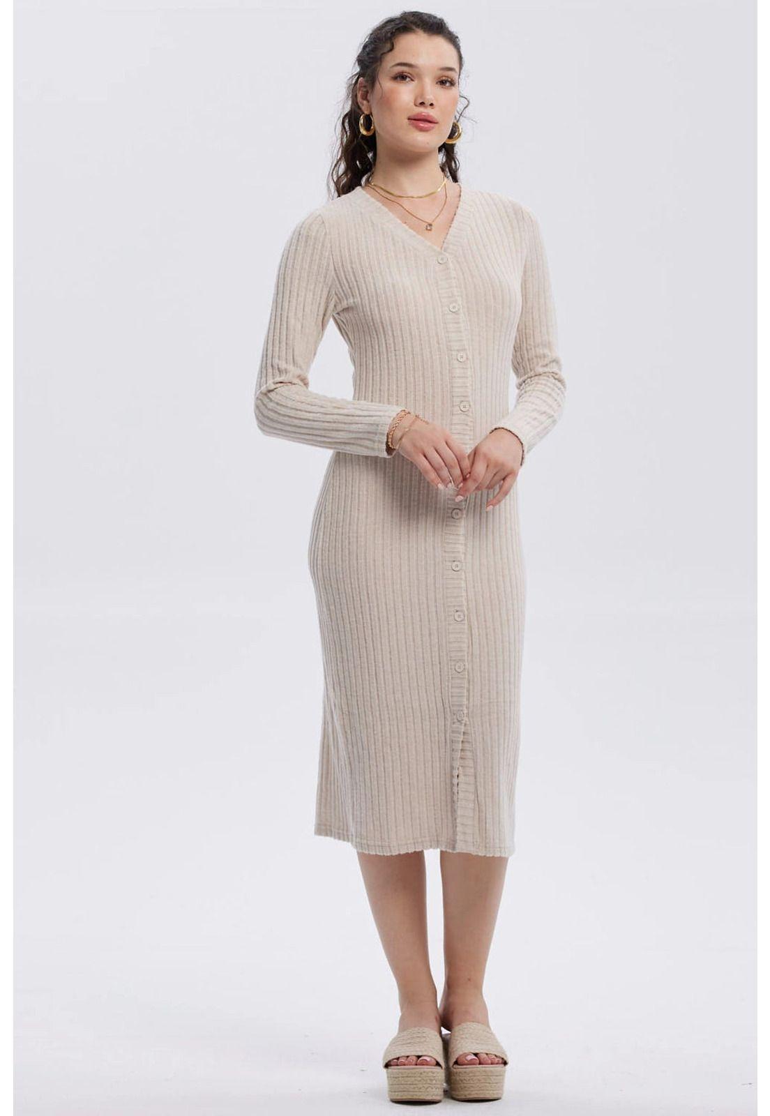 Vestido Mujer Abotonado Beige-1