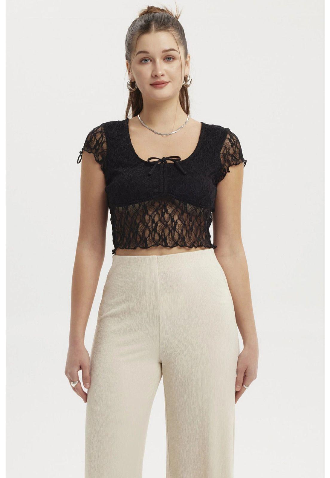 Polera Mujer Encaje Con Lazo Negro-0