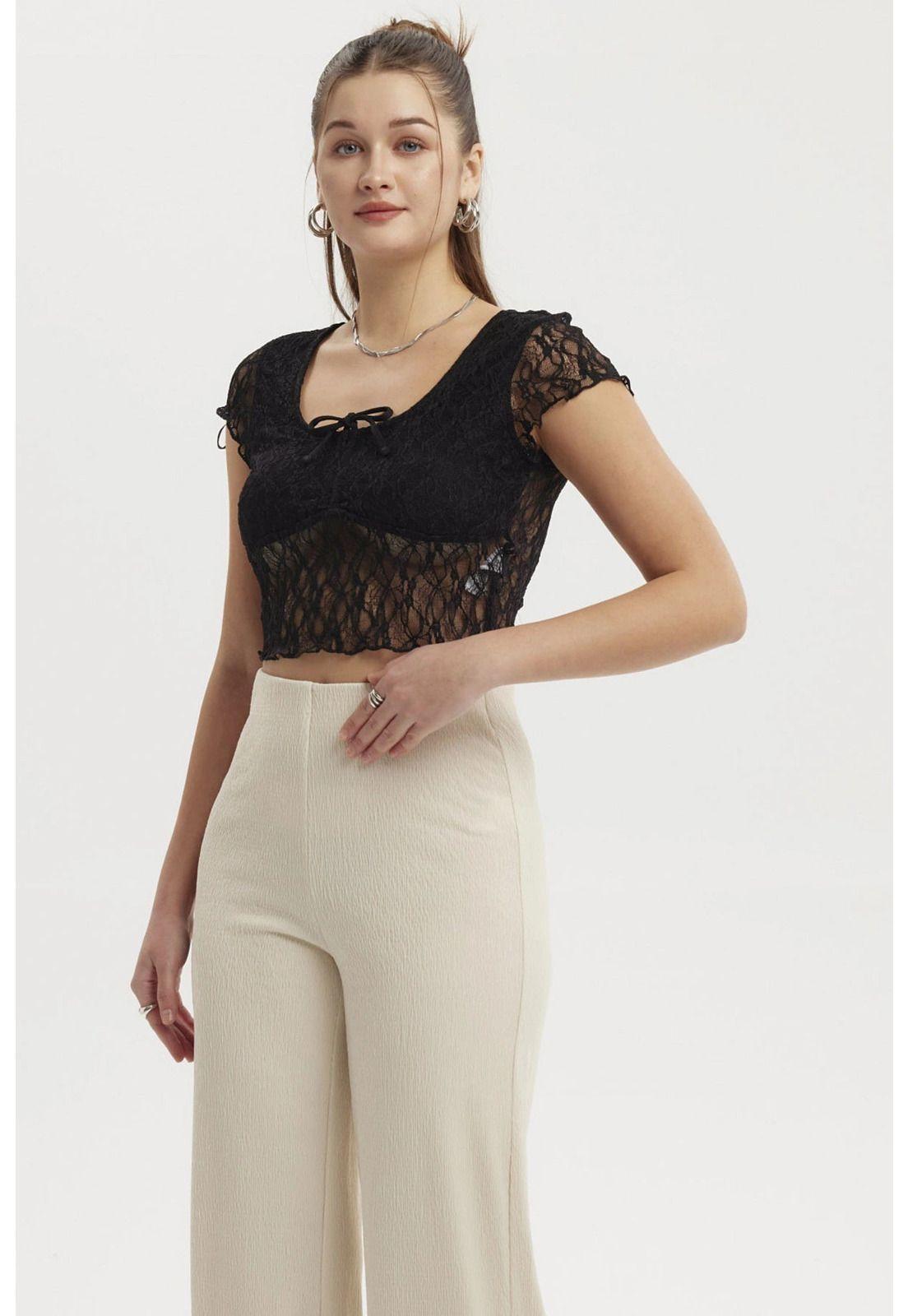 Polera Mujer Encaje Con Lazo Negro-1