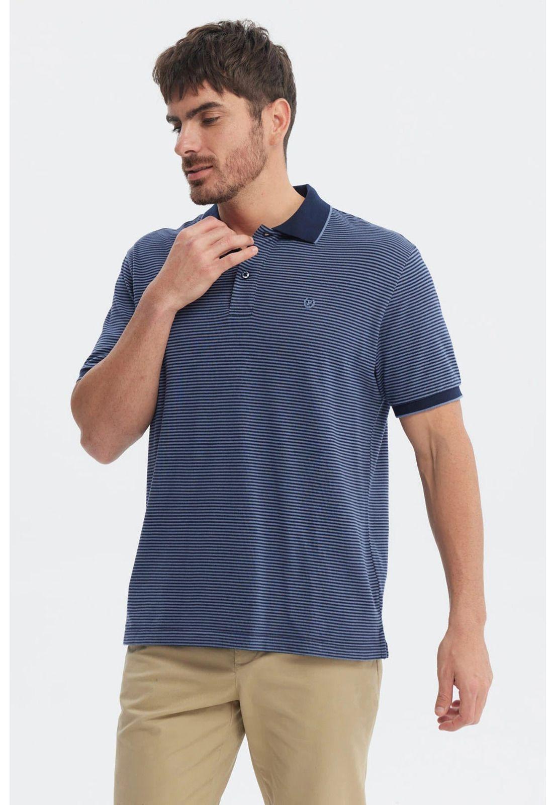 Polera Hombre Pique Rayas Logo Azul Marino-1