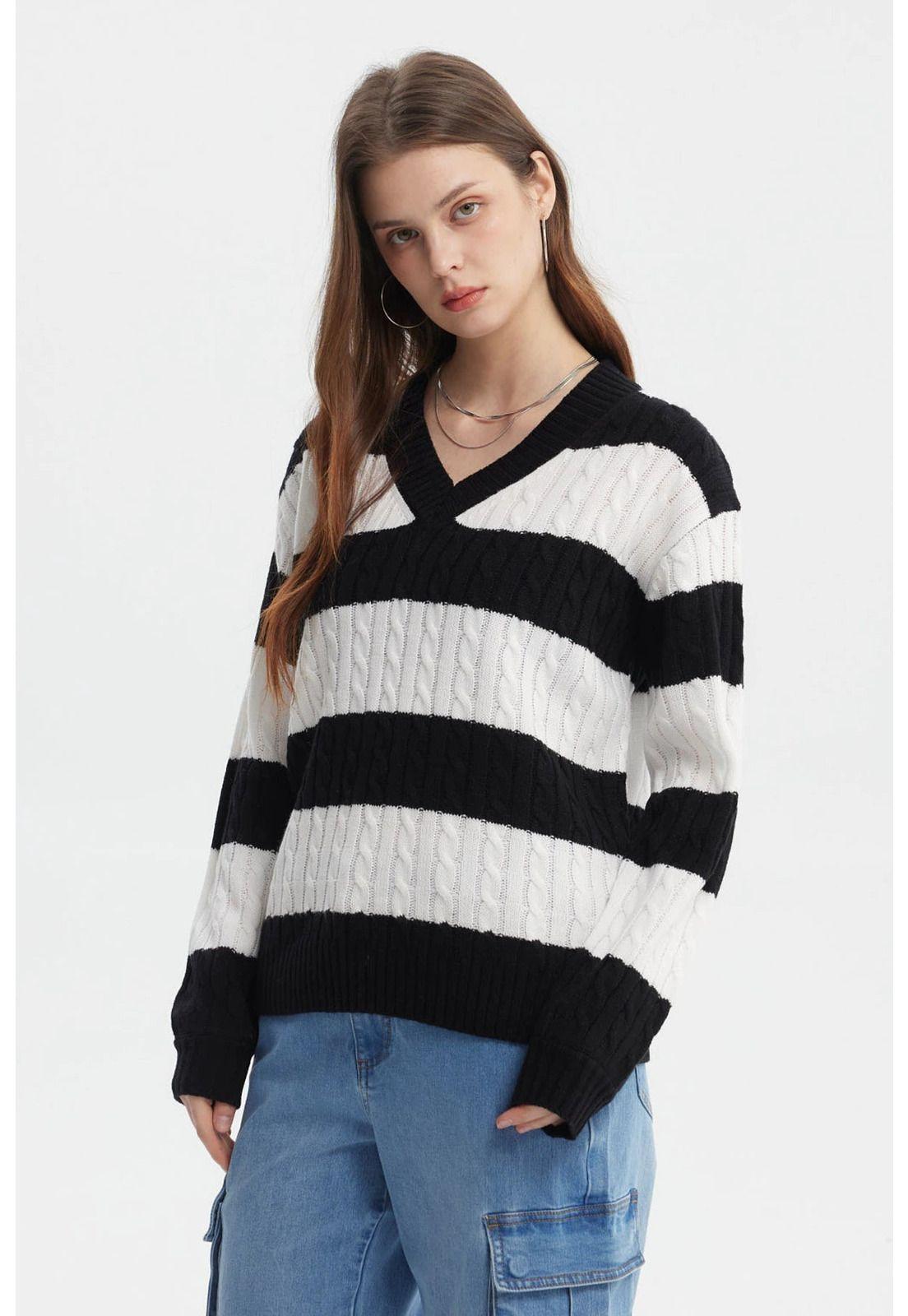 Sweater Mujer Cuello V Rayas Negro / Blanco-1