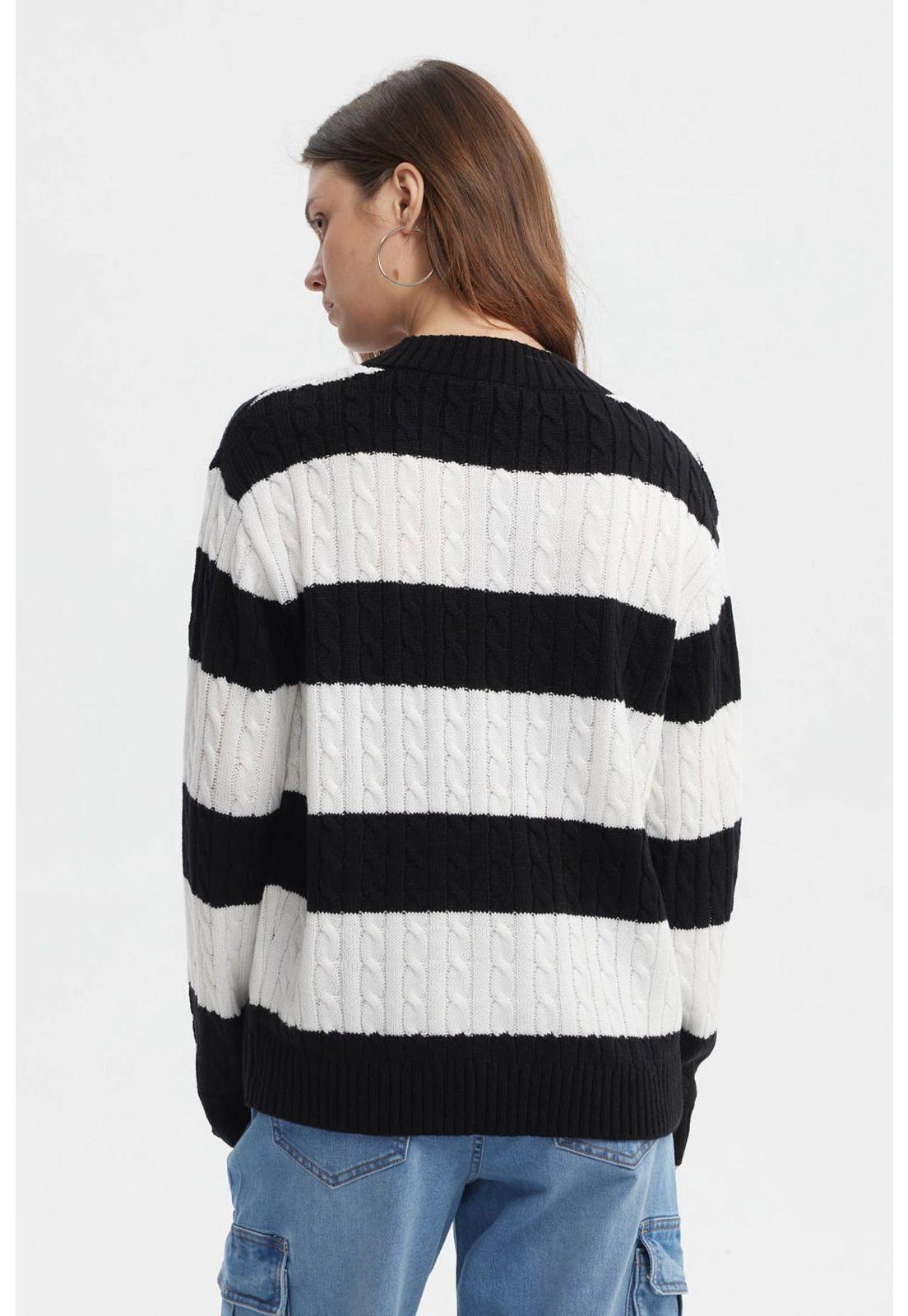 Sweater Mujer Cuello V Rayas Negro / Blanco-2