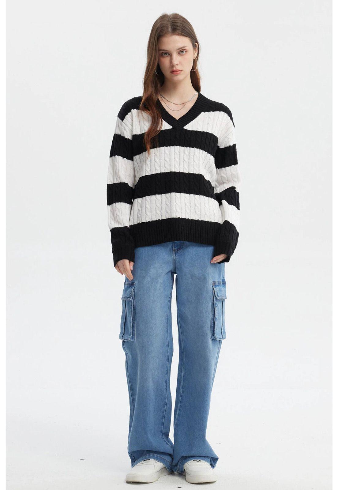 Sweater Mujer Cuello V Rayas Negro / Blanco-3