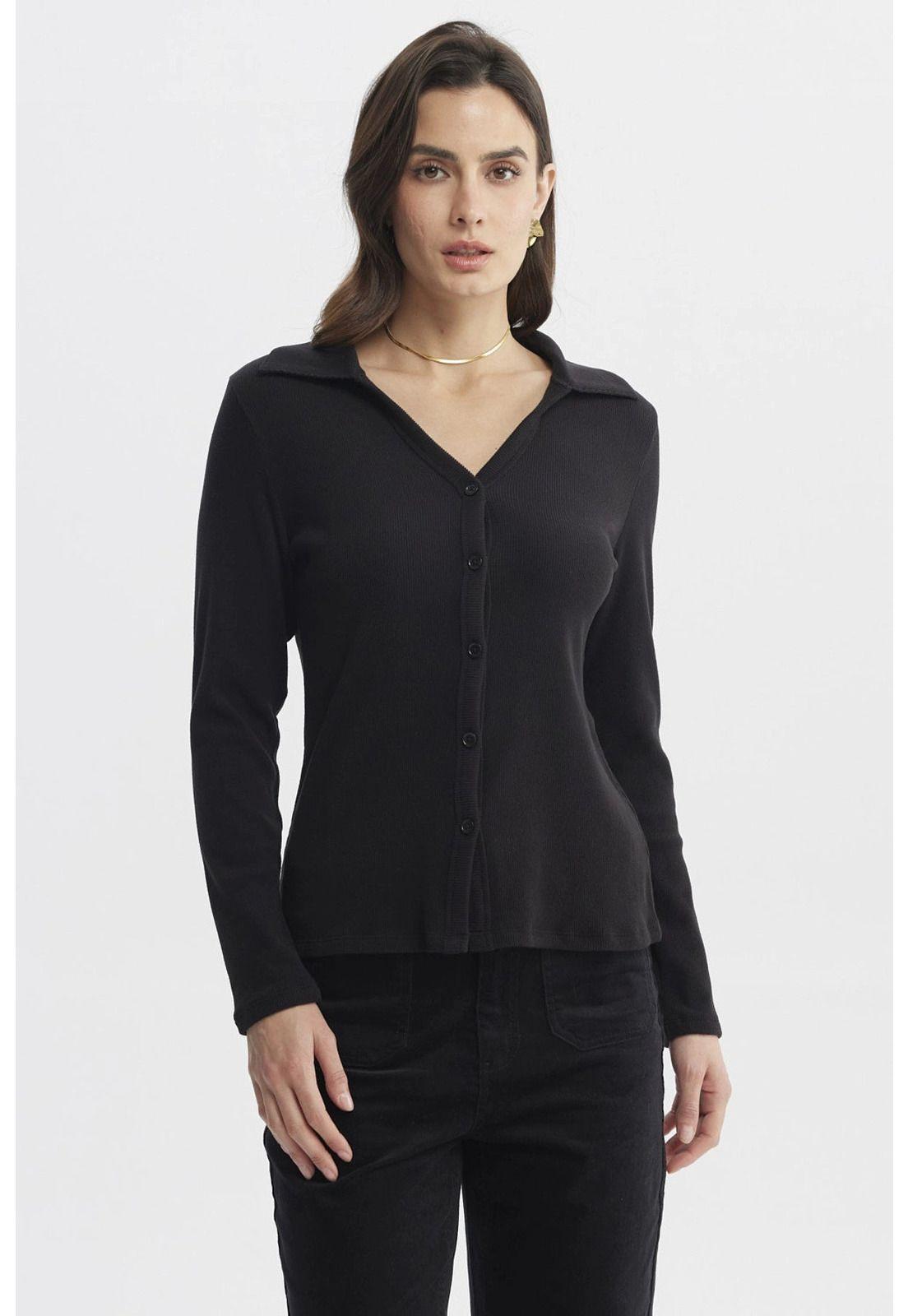 Sweater Mujer Cuello Camisero Negro-0