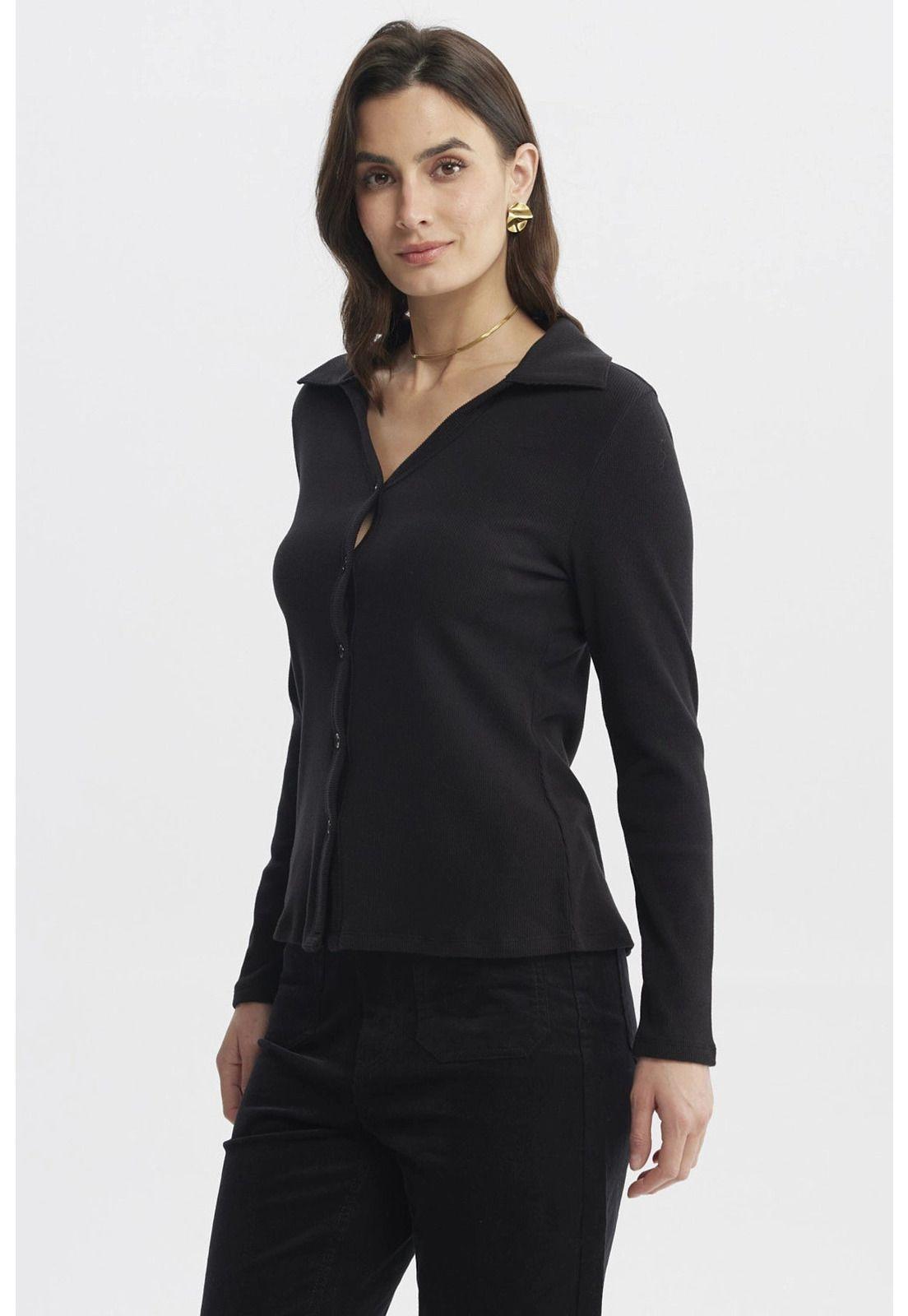 Sweater Mujer Cuello Camisero Negro-1