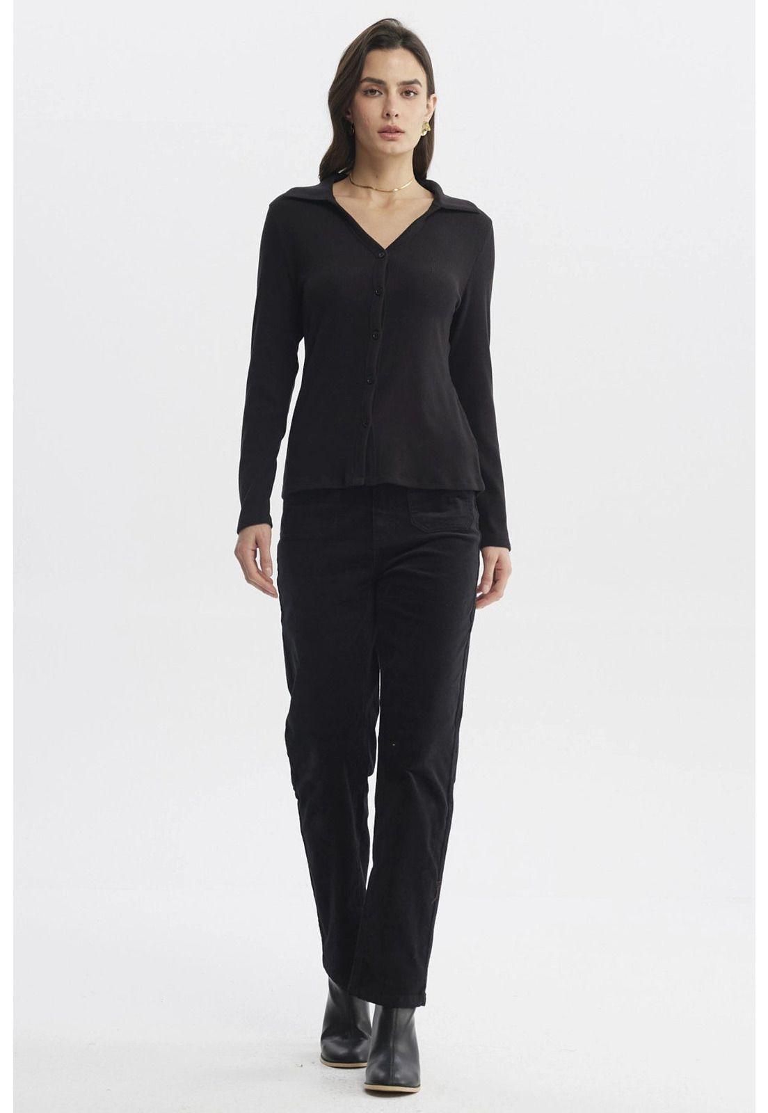 Sweater Mujer Cuello Camisero Negro-3