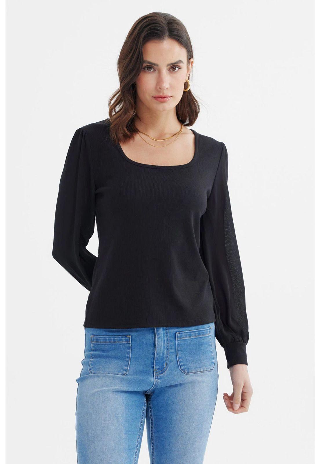 Polera Mujer Globo Escote Cuadrado Negro-0