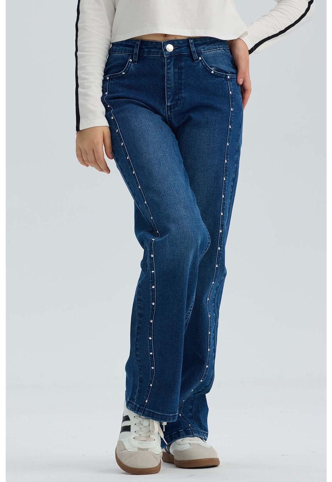 Jeans Niña Calce Recto Con Tachas Azul-0