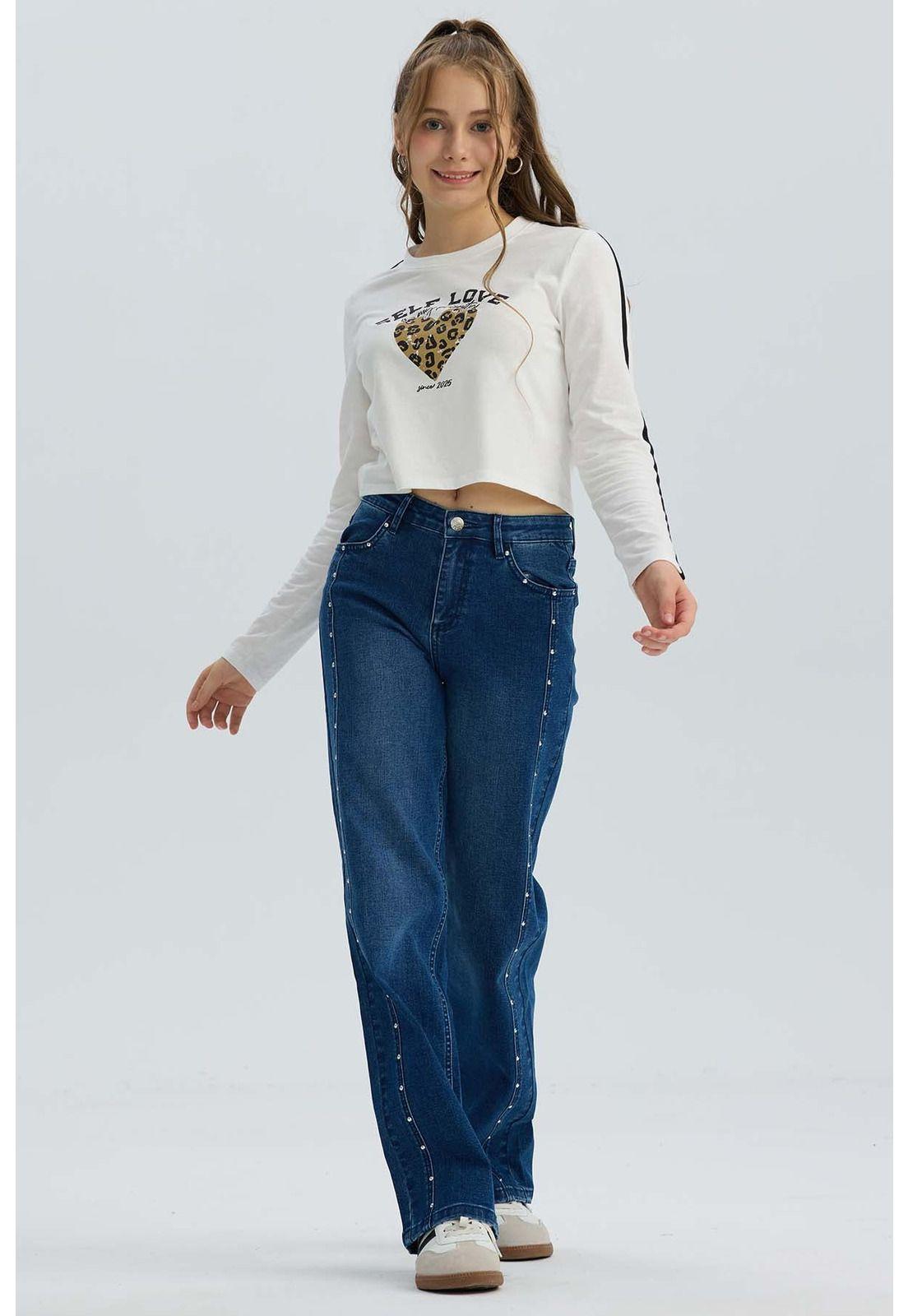 Jeans Niña Calce Recto Con Tachas Azul-3