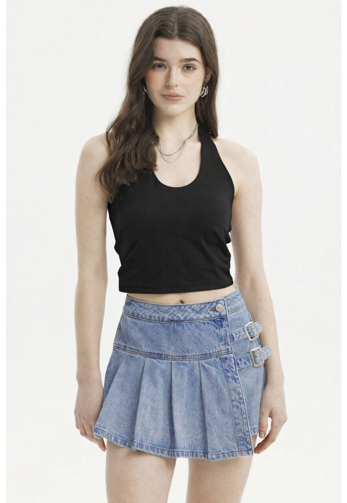 Polera Peto Mujer Halter Liso Crop Negro-0