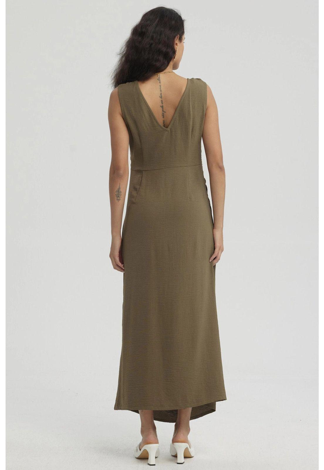 Vestido Mujer Largo Asimétrico Textura Verde Olivo-1