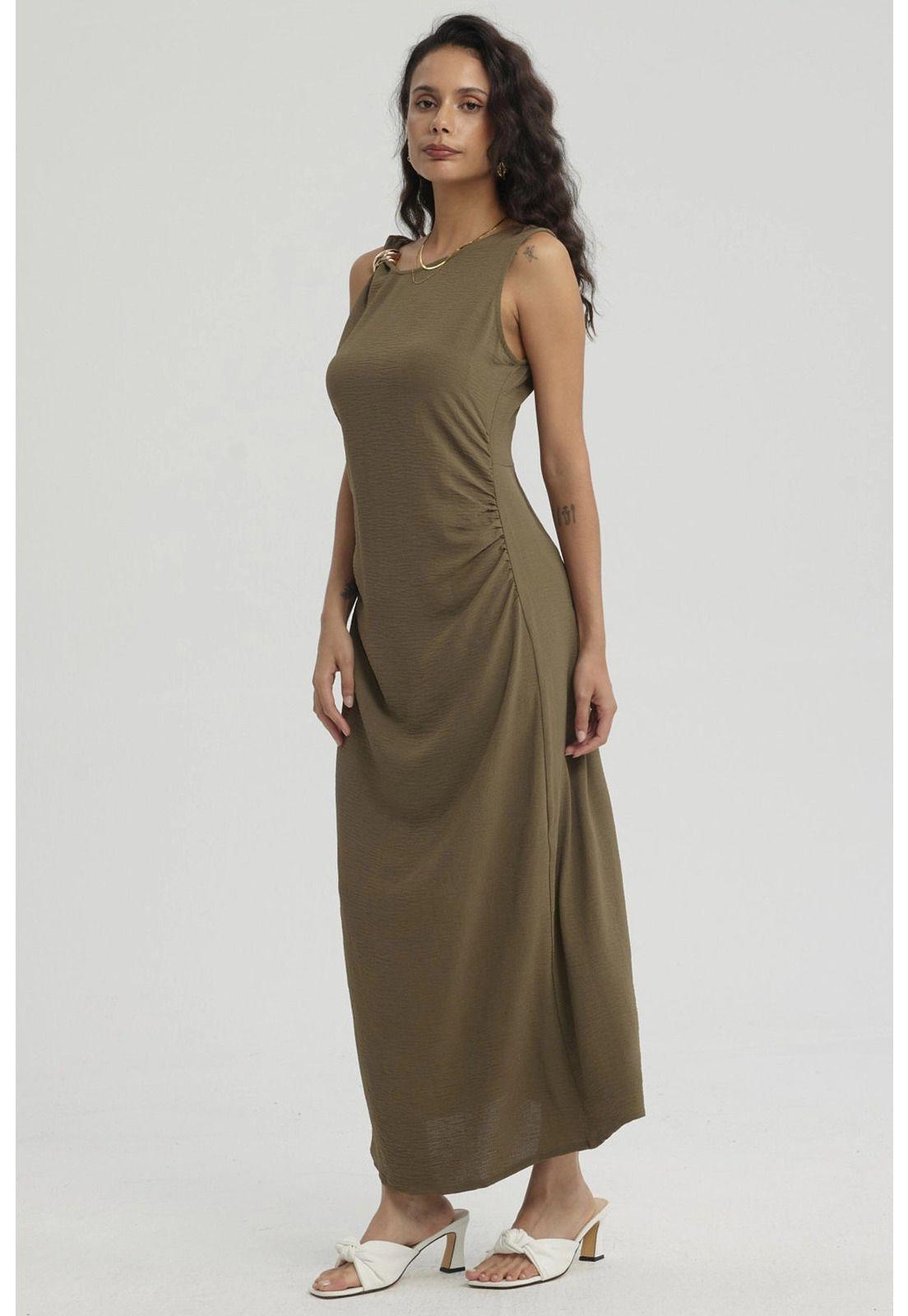 Vestido Mujer Largo Asimétrico Textura Verde Olivo-2