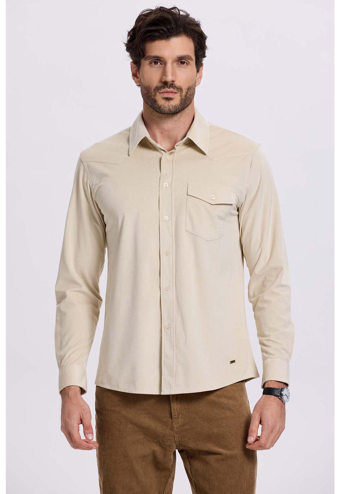 Camisa Hombre Cotelé Con Bolsillo Beige-0
