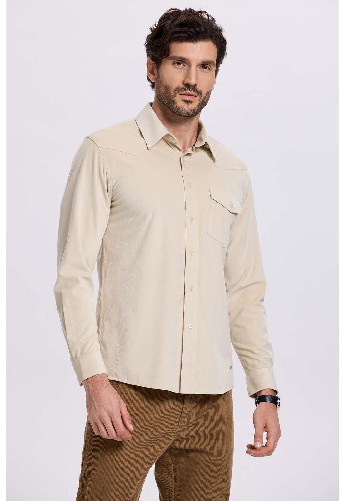 Camisa Hombre Cotelé Con Bolsillo Beige-1