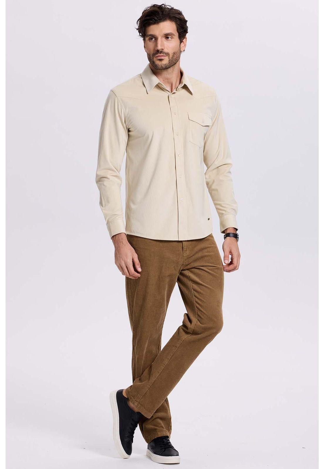 Camisa Hombre Cotelé Con Bolsillo Beige-3
