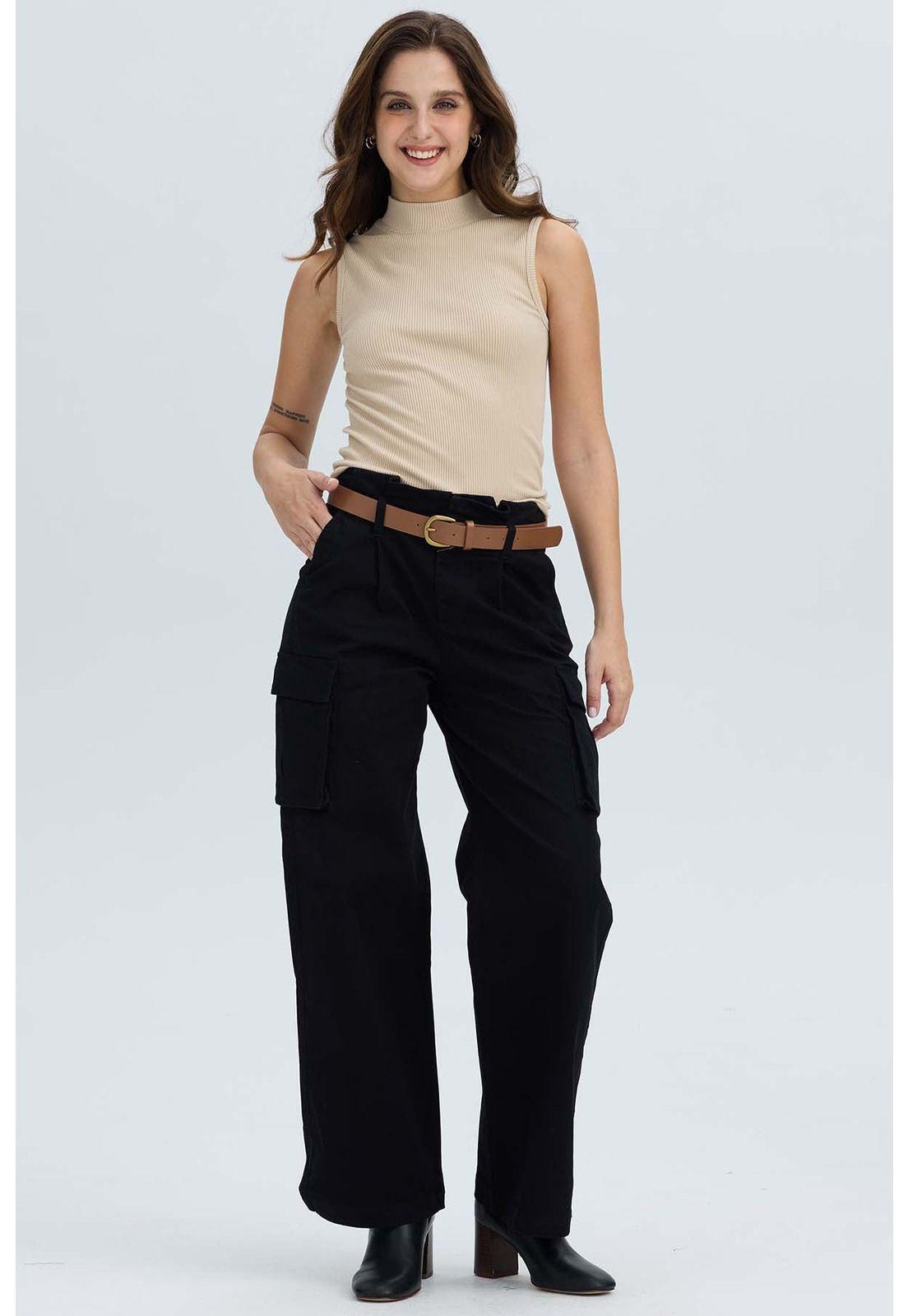 Pantalón Mujer Pretina Alta Con Cinturón Negro-3