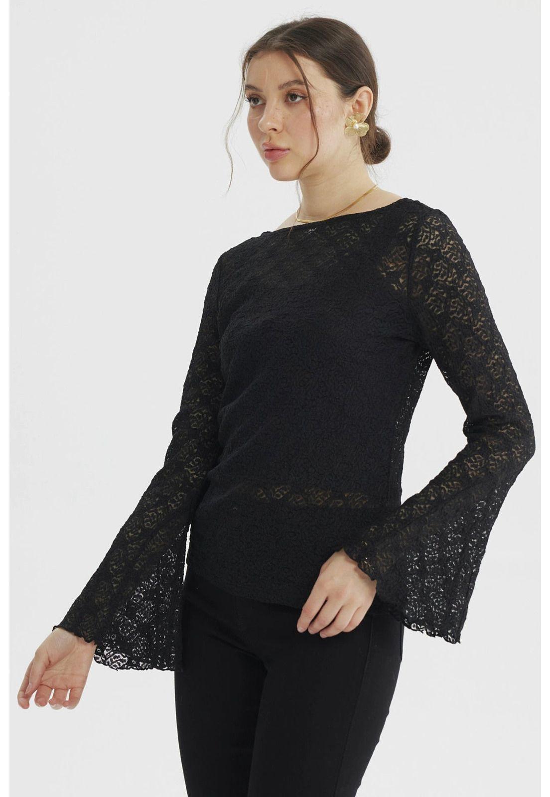 Polera Mujer Vuelos Manga Negro-1