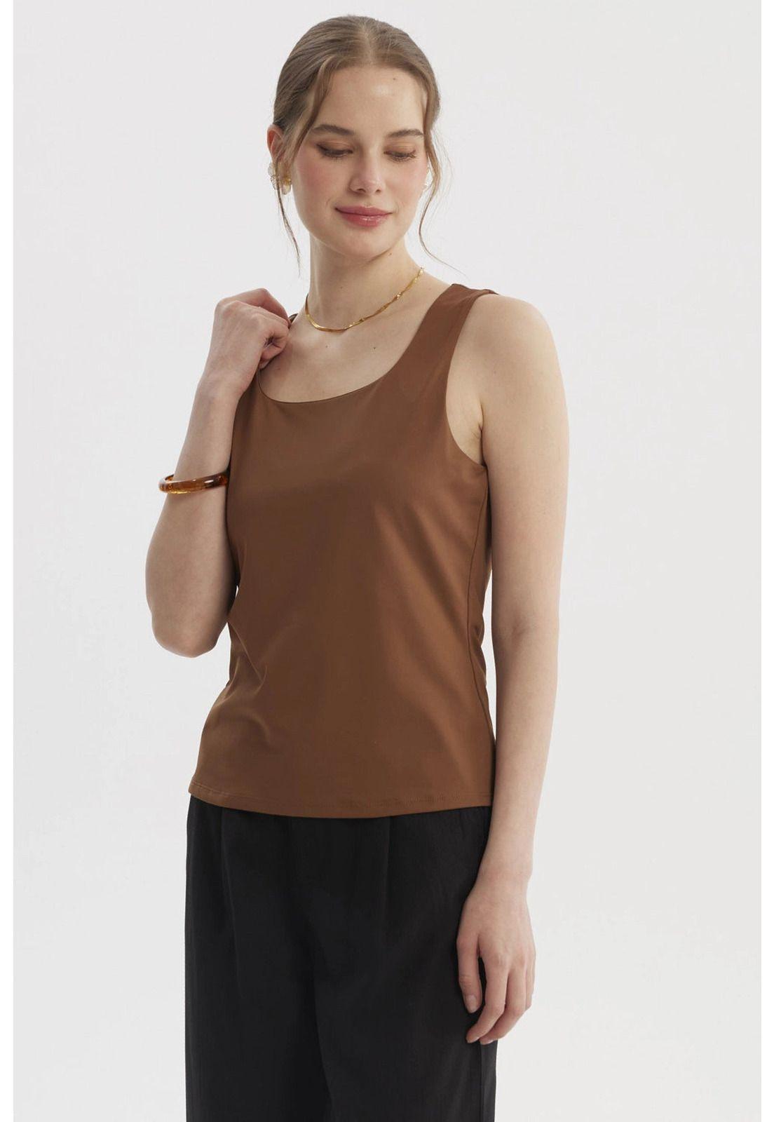 Polera Mujer Lisa Doble Capa Café-0