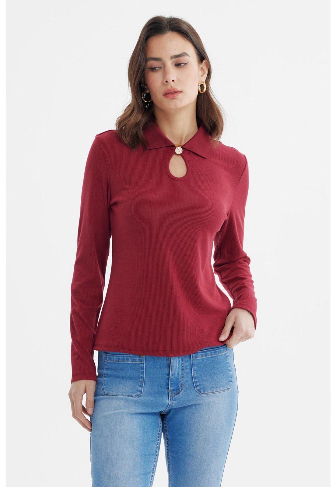 Polera Mujer Detalle Cuello Escote Burdeo-0