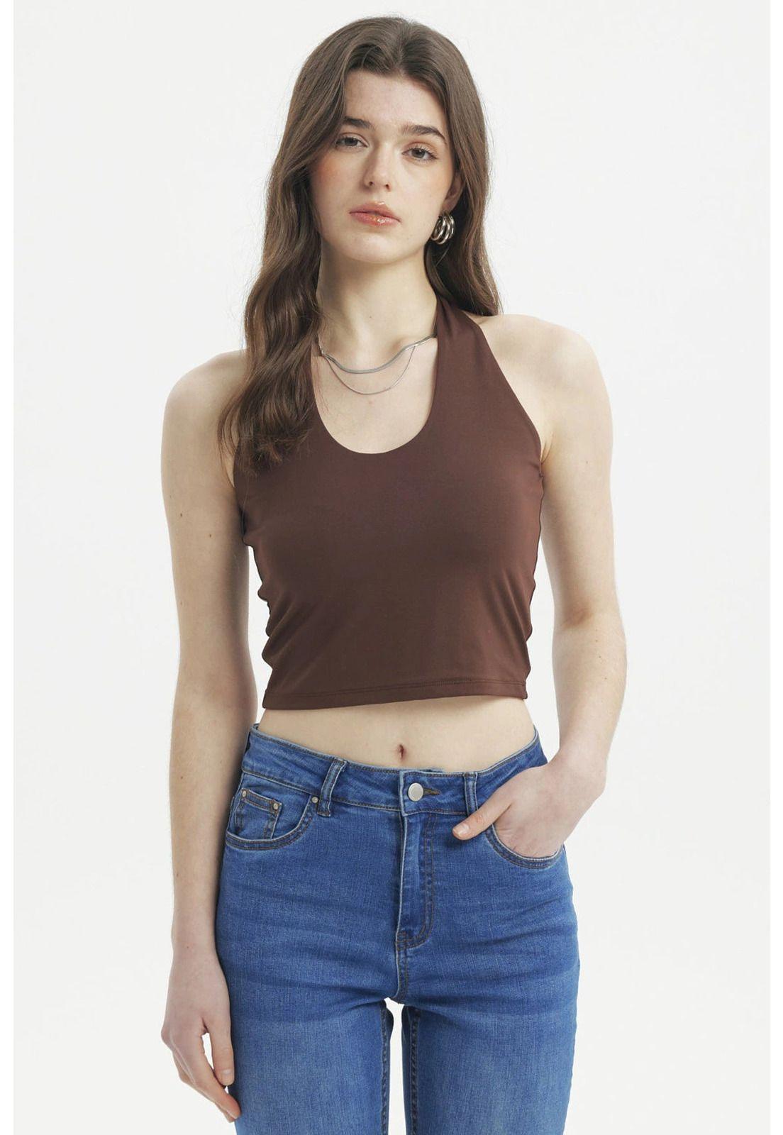 Polera Peto Mujer Halter Liso Crop Café-0