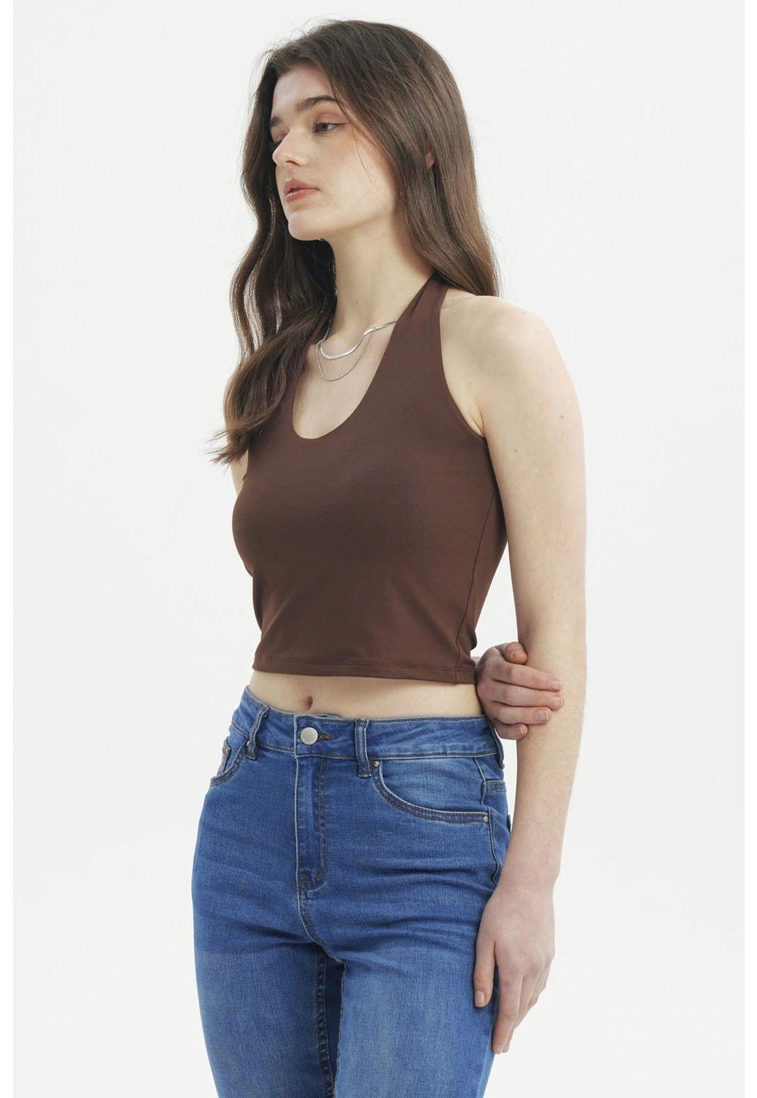 Polera Peto Mujer Halter Liso Crop Café-1