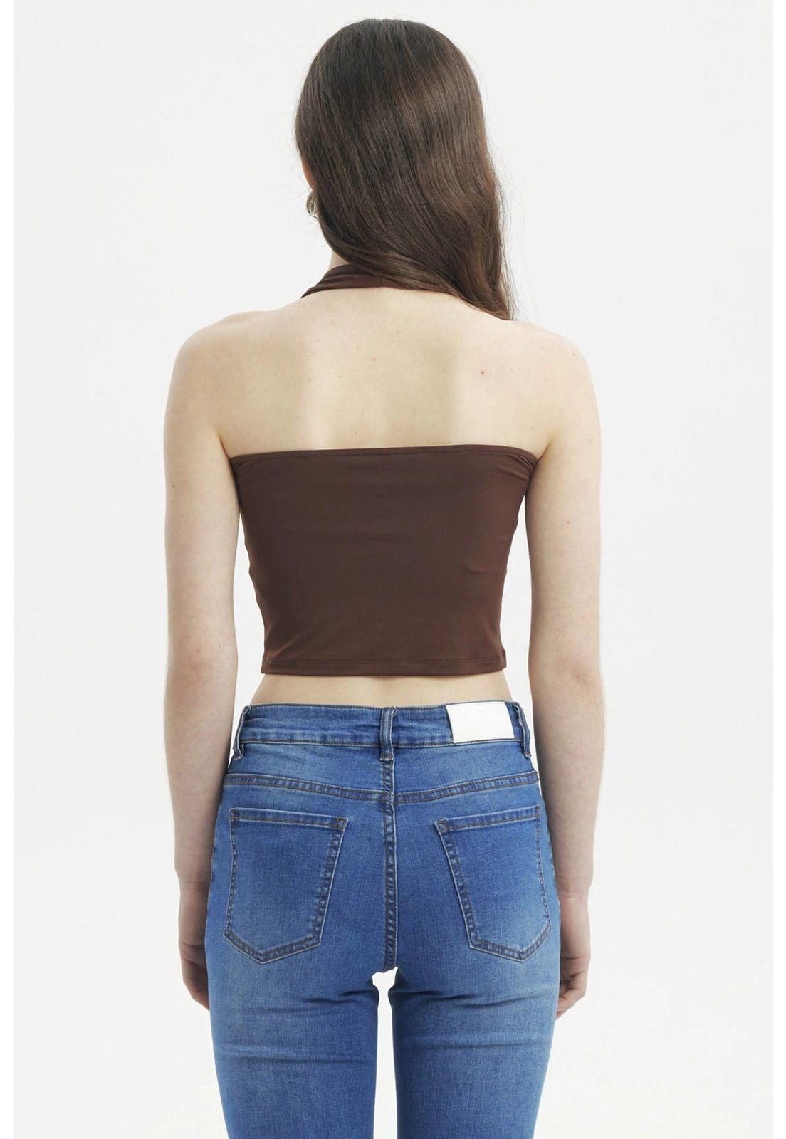 Polera Peto Mujer Halter Liso Crop Café-2