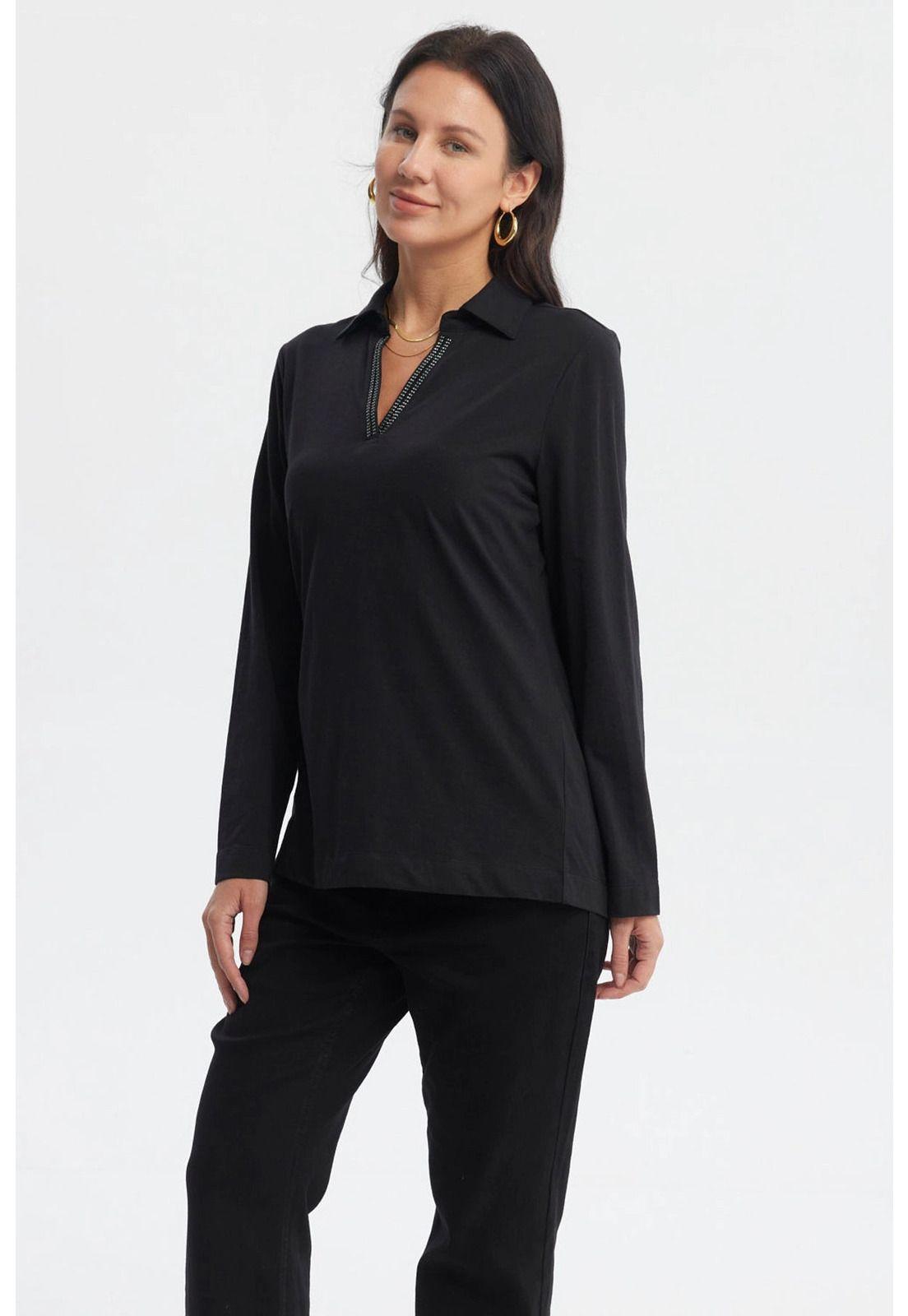 Polera Mujer Cuello Camisero Negro-1